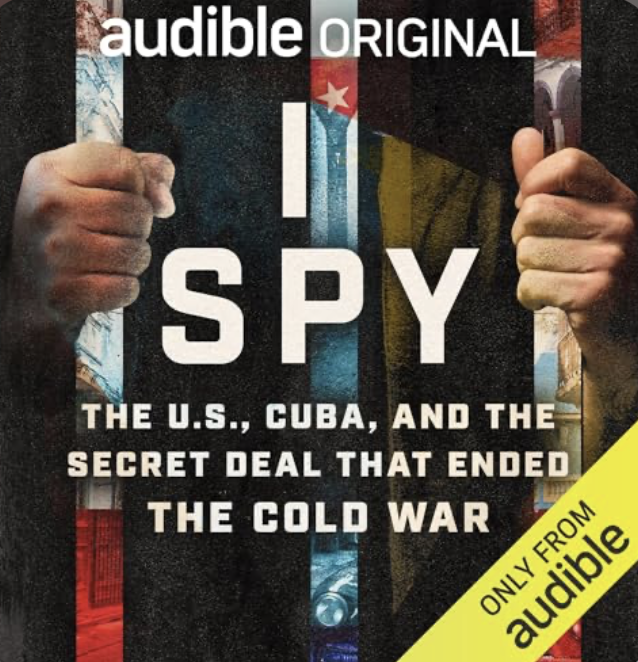Cover of an Audible original audiobook titled "I Spy," featuring a person's clenched fists, with a background of various world flags and a yellow banner that says "Only From Audible."