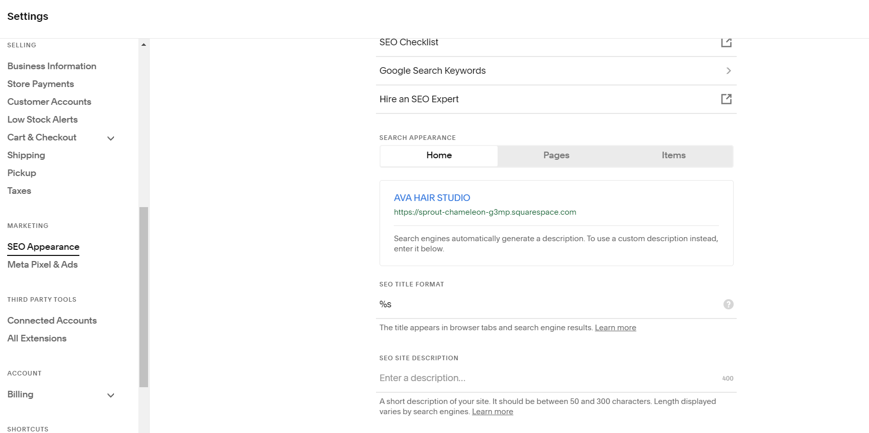squarespace seo tips-Site description panel in squarespace