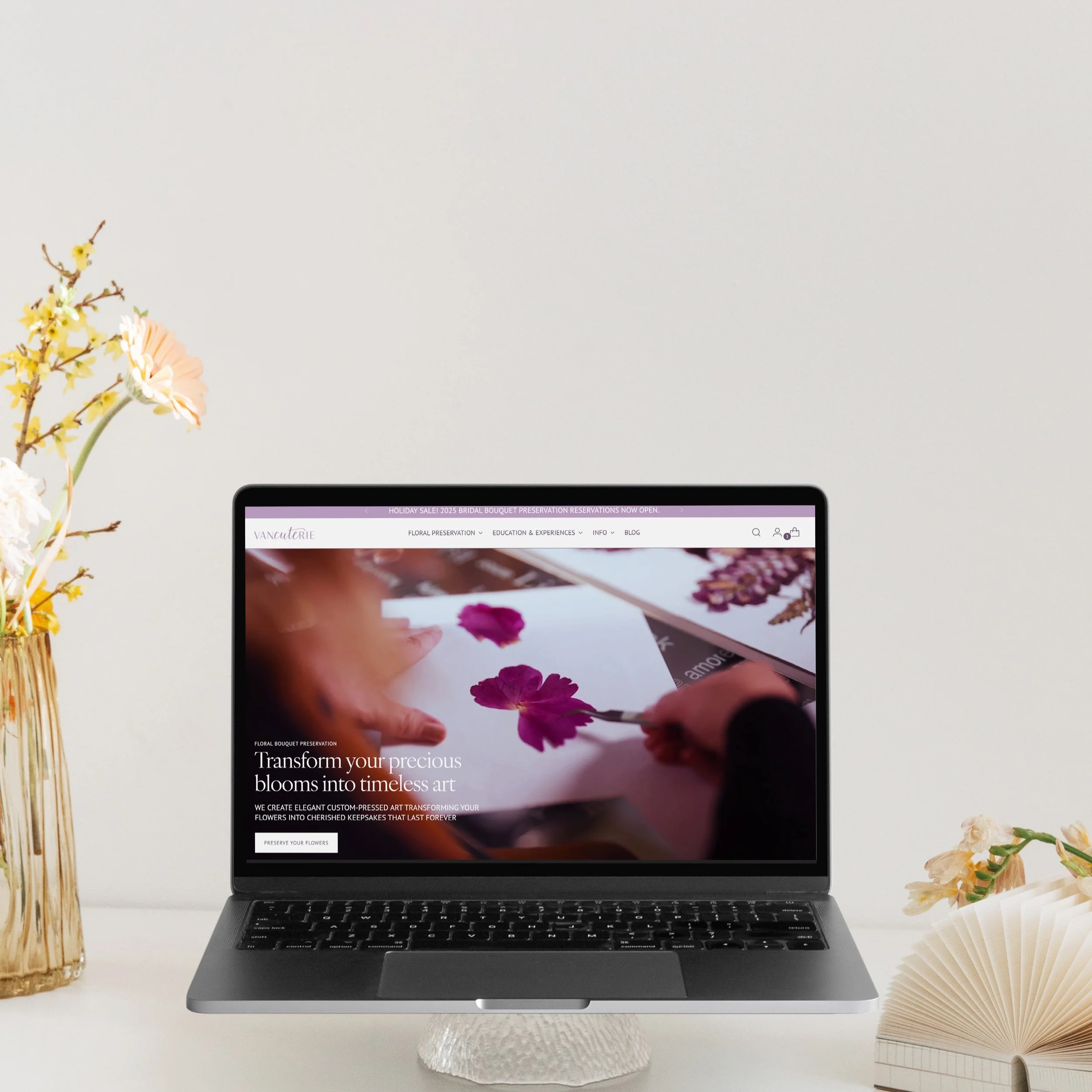 Image showcasing the custom shopify website for Vancuterie FLower pressing studio