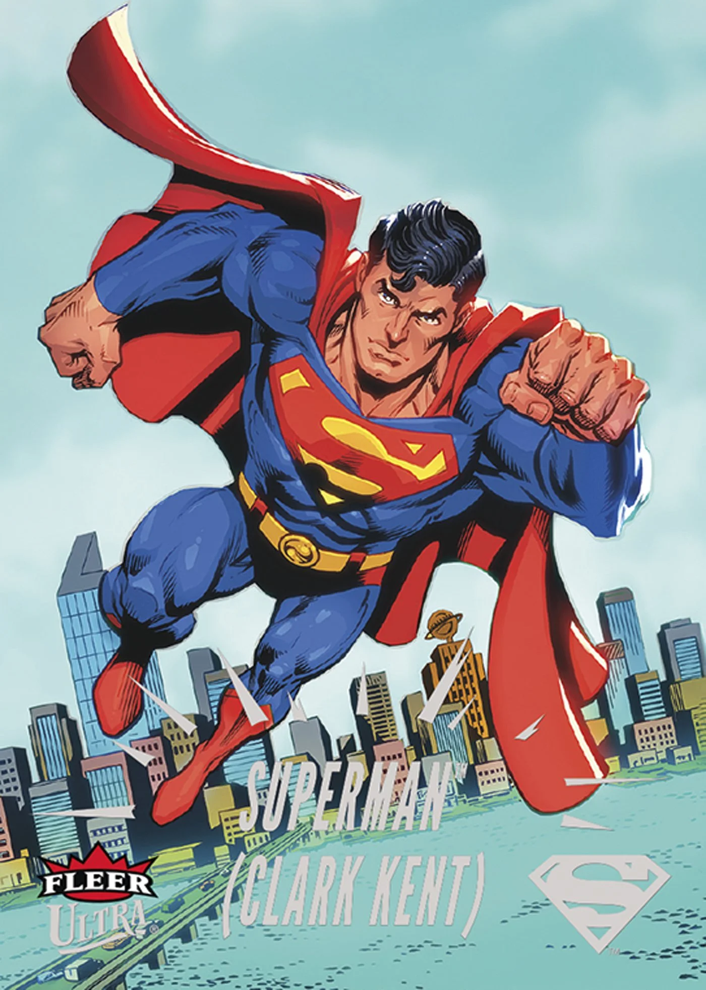Comic book illustration of Superman flying over a city with tall buildings, a clear blue sky, and clouds. Superman is in a red and blue costume with a red cape, fist extended forward. There are logos and text, including the Superman emblem, "Fleer Ultra," and the name "Clark Kent."