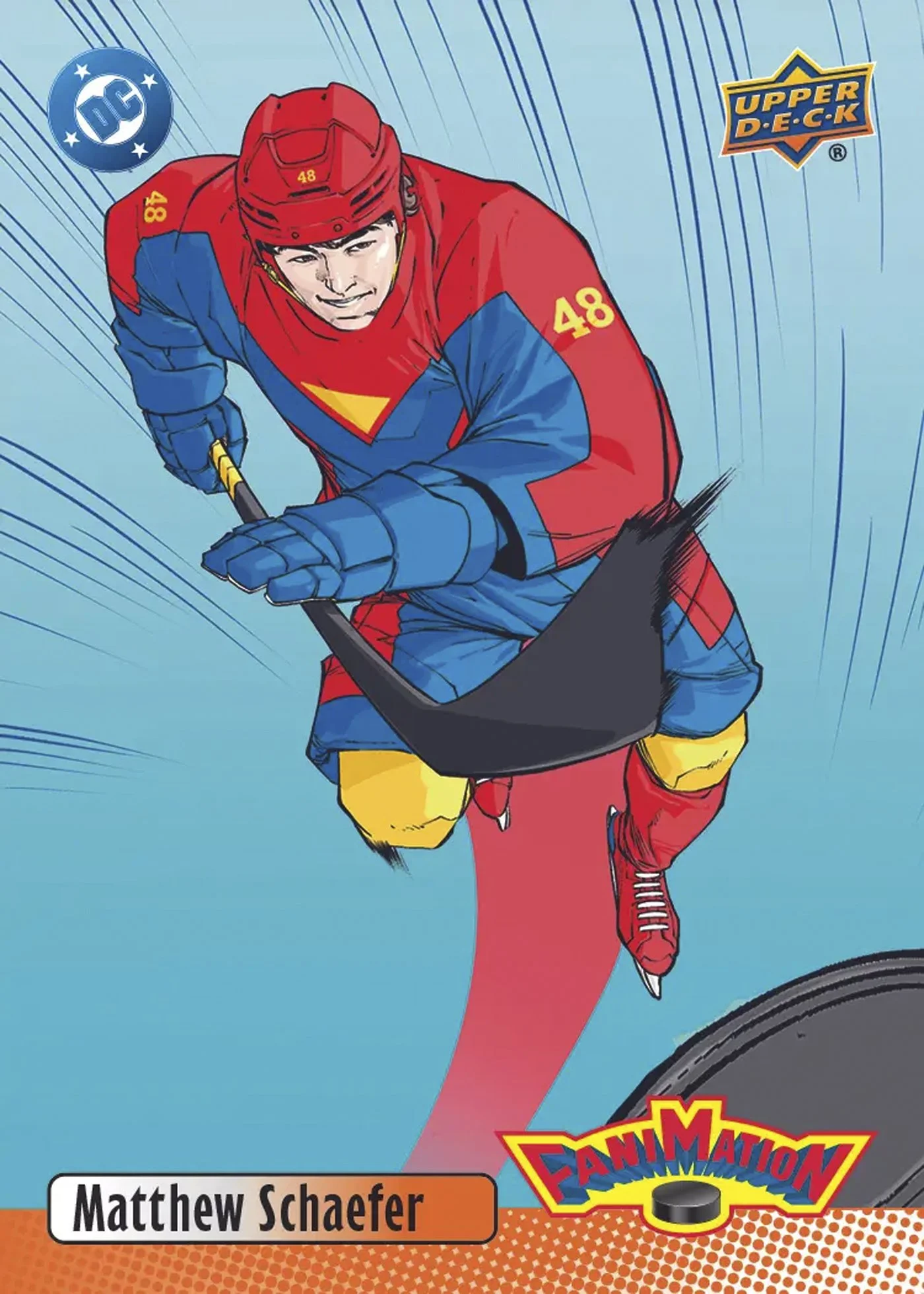 A comic-style illustration of a hockey player in a red and blue uniform with the number 48 on the helmet and jersey, skating on ice with a hockey stick, on a colorful background with logos including DC and Upper Deck, and a name tag reading 'Matthew Schaefer'.