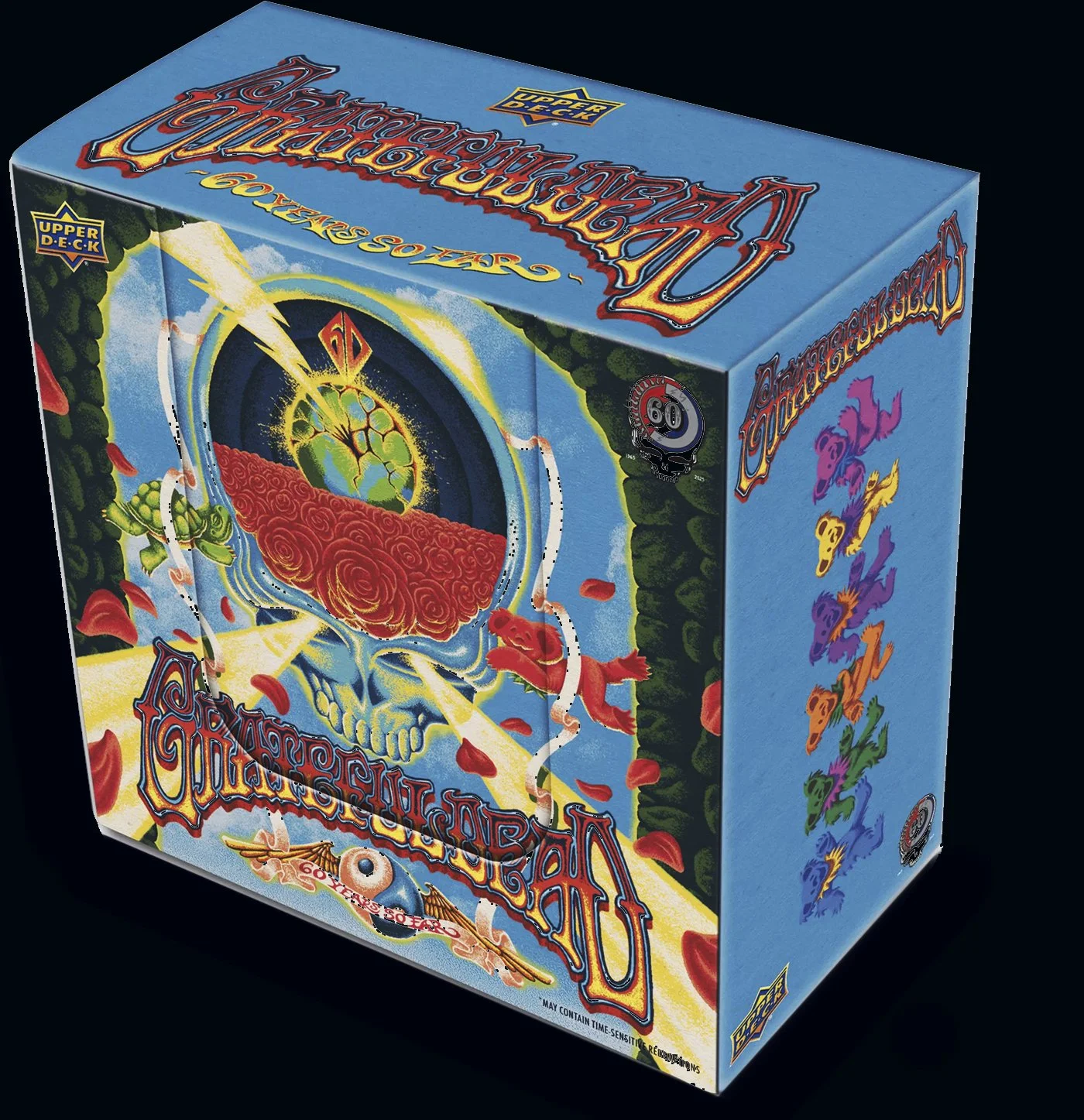 A colorful box of Magic: The Gathering cards featuring a skeleton with a brain exposed, surrounded by roses, lightning, and a skull in a vibrant, detailed illustration.