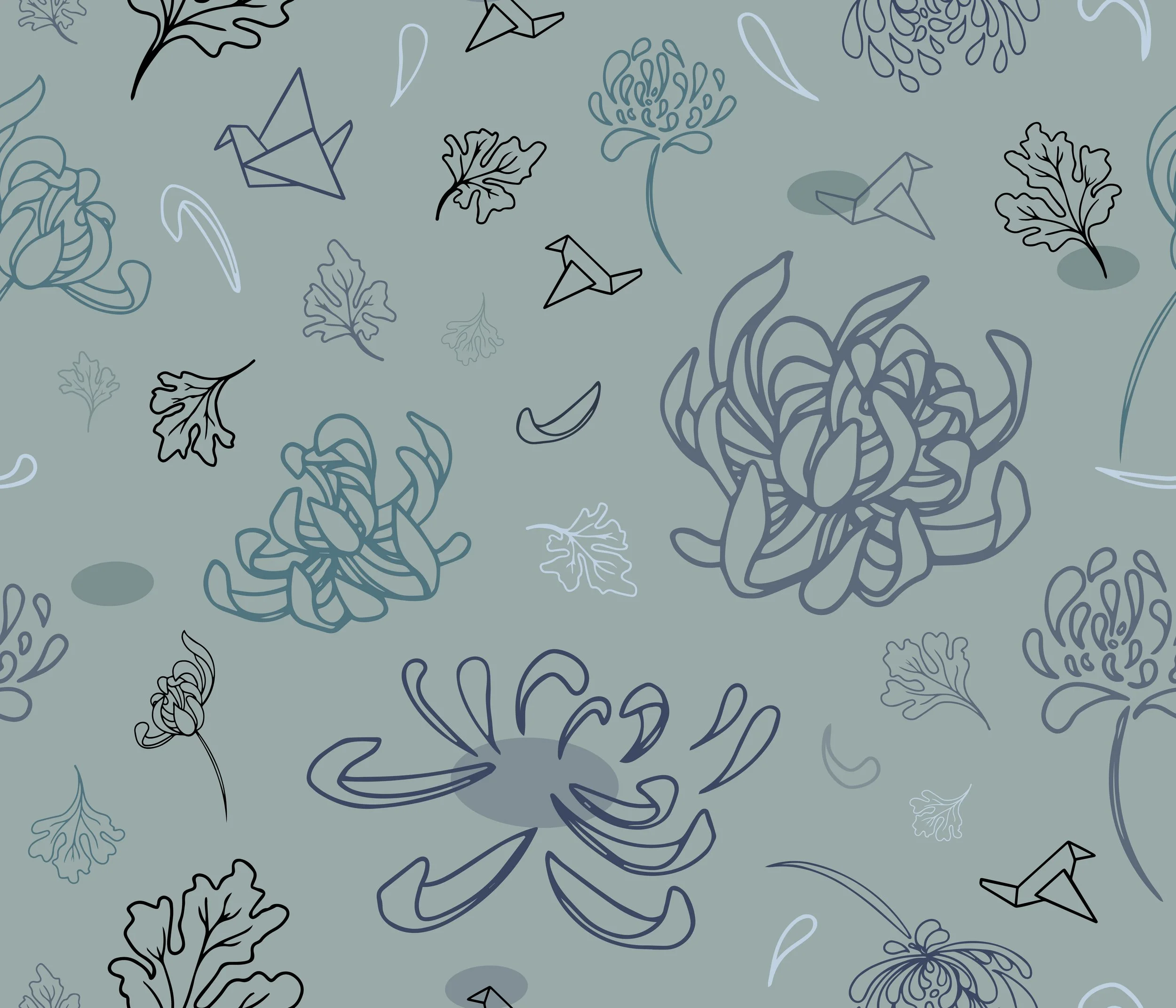 Tossed Petals & cranes Sage.jpg