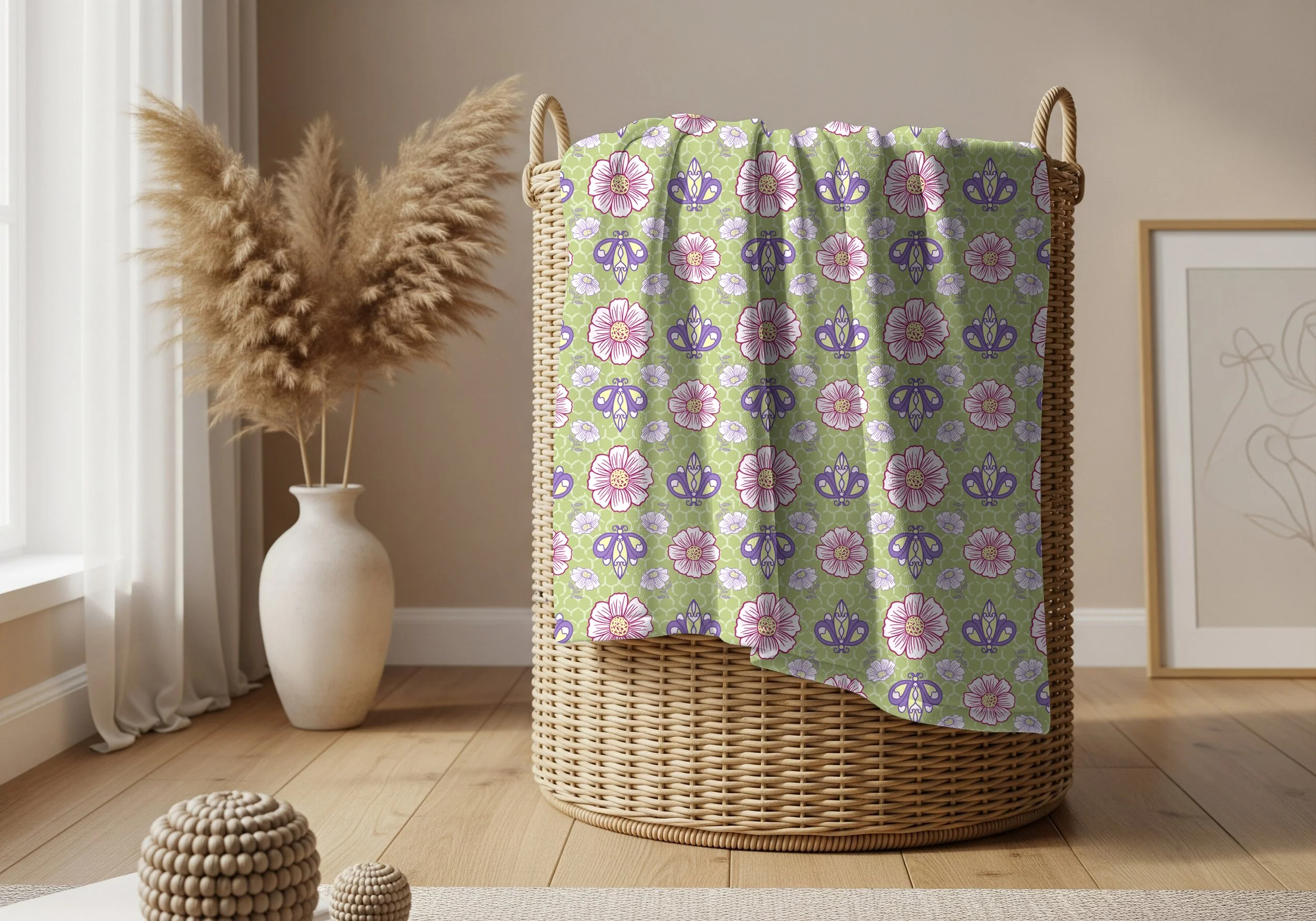 CeleryMagenta-BeeFlowers-MockBlanketBasket.jpg