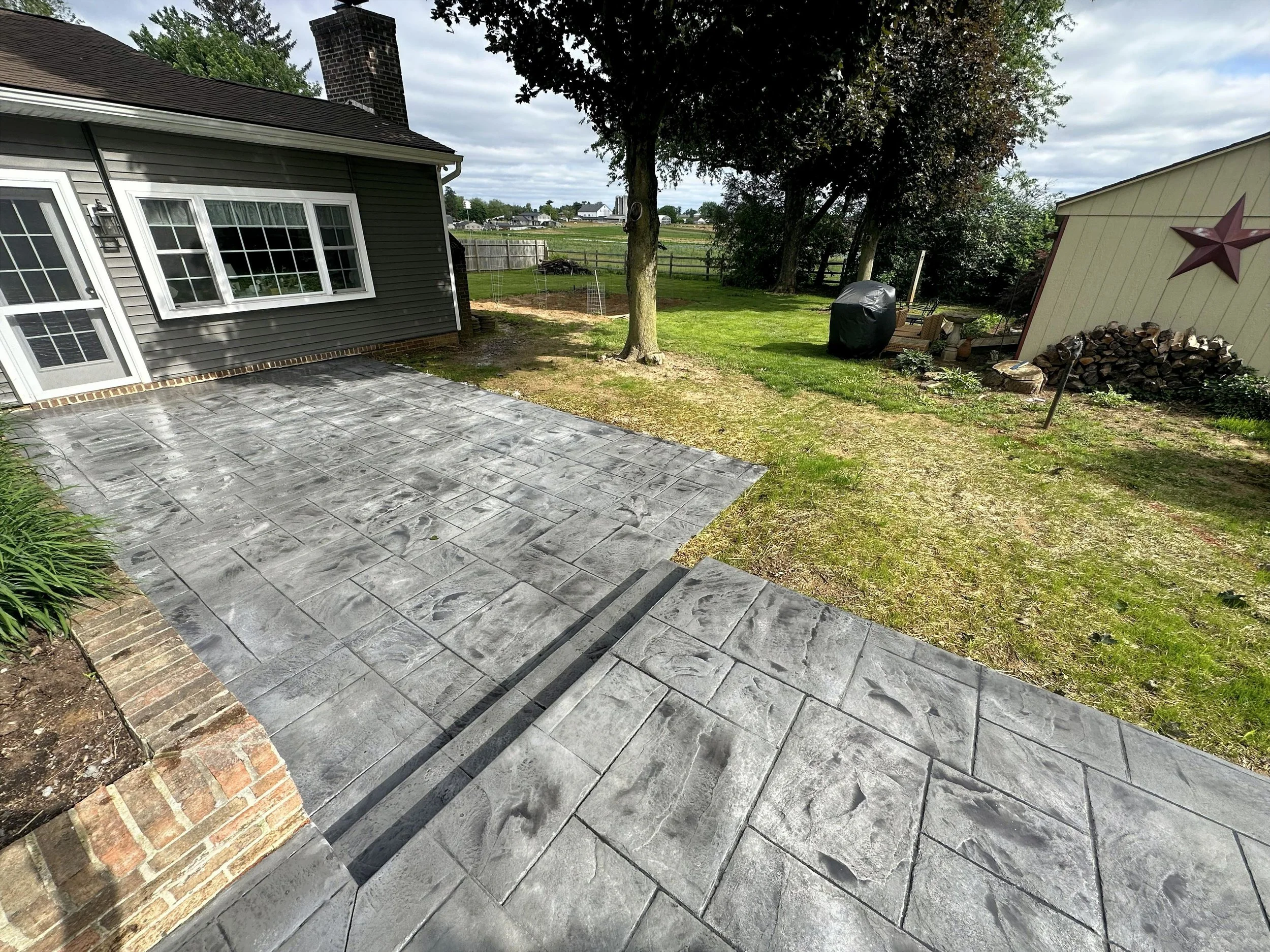 Multi level majestic ashlar slate patio. Stamped step. Lancaster, PA