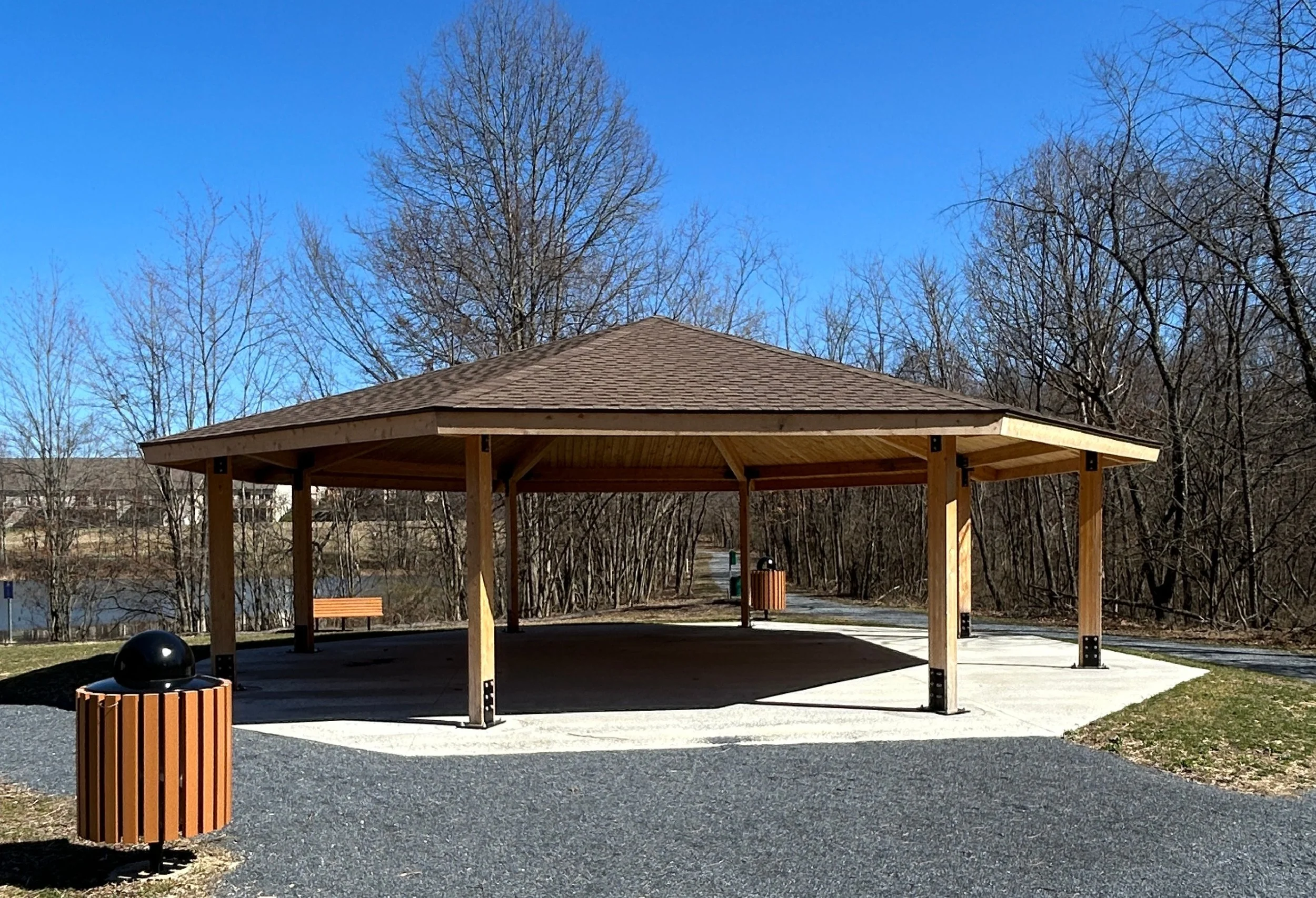 Broomed white concrete, 40x40 Octagon pavilion pad with foundations and 36x36 pavilion. Boyd Park; Harrisburg, PA