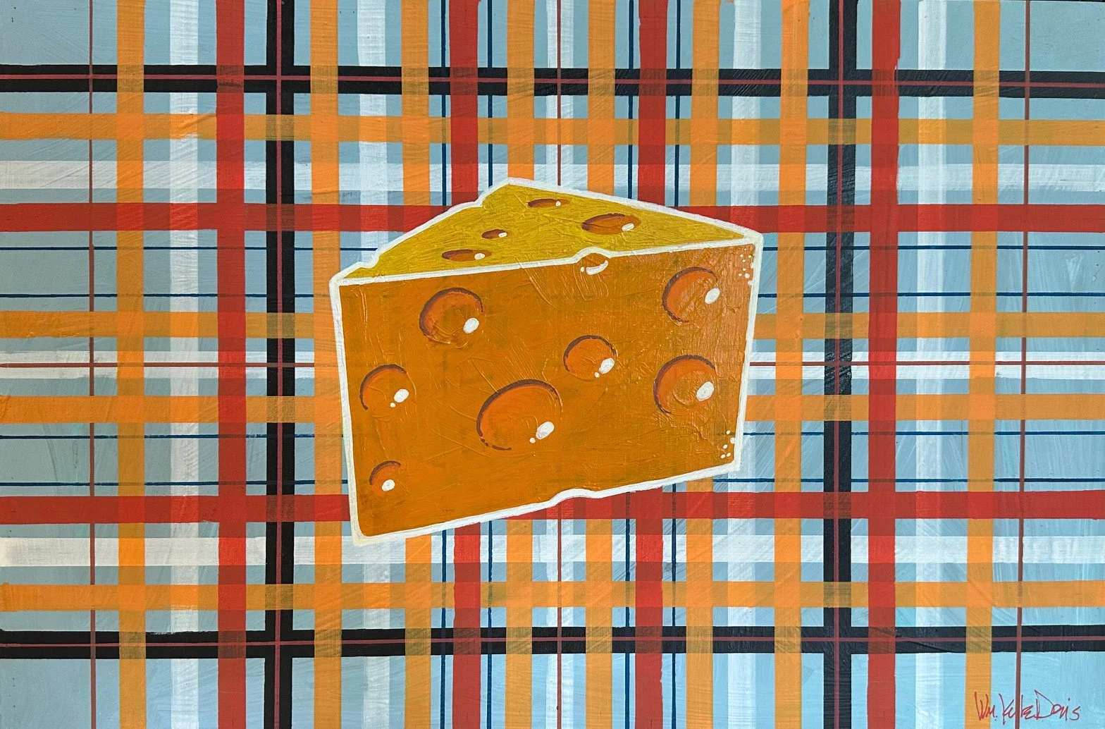 Big Cheese (working title) | 2025 | Acrylic on Plywood Panel and Pine | 16” X 24”
For the lactose tolerant among us. A huge slab of cheese on a handsome plaid background. -For Sale - $400