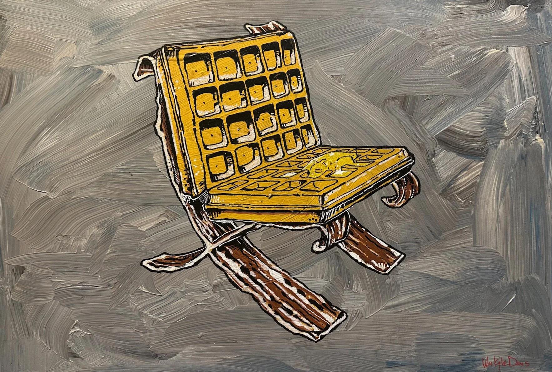 MMMM....Mies II (working title) | 2025 | Acrylic on Plywood Panel and Pine | 16” X 24”
A popular image of mine rendered in acrylic on a thick and moody gray background. Mies' classic Barcelona chair composed of breakfast food. Cheeky for the design