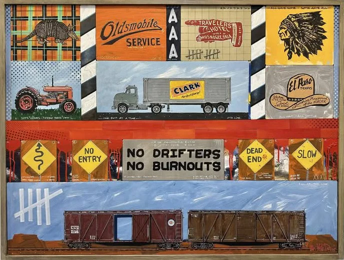 Expansion, i.e. Go West | 2024 | Acrylic and aerosol on plywood panel(s) | Driftwood Gray Polyurethane Stain on Poplar Frame | 37.5”x49.5”
Trucking, agriculture and rough ‘n ready advertising prevail on our trip out west. Take heed; You may still ma