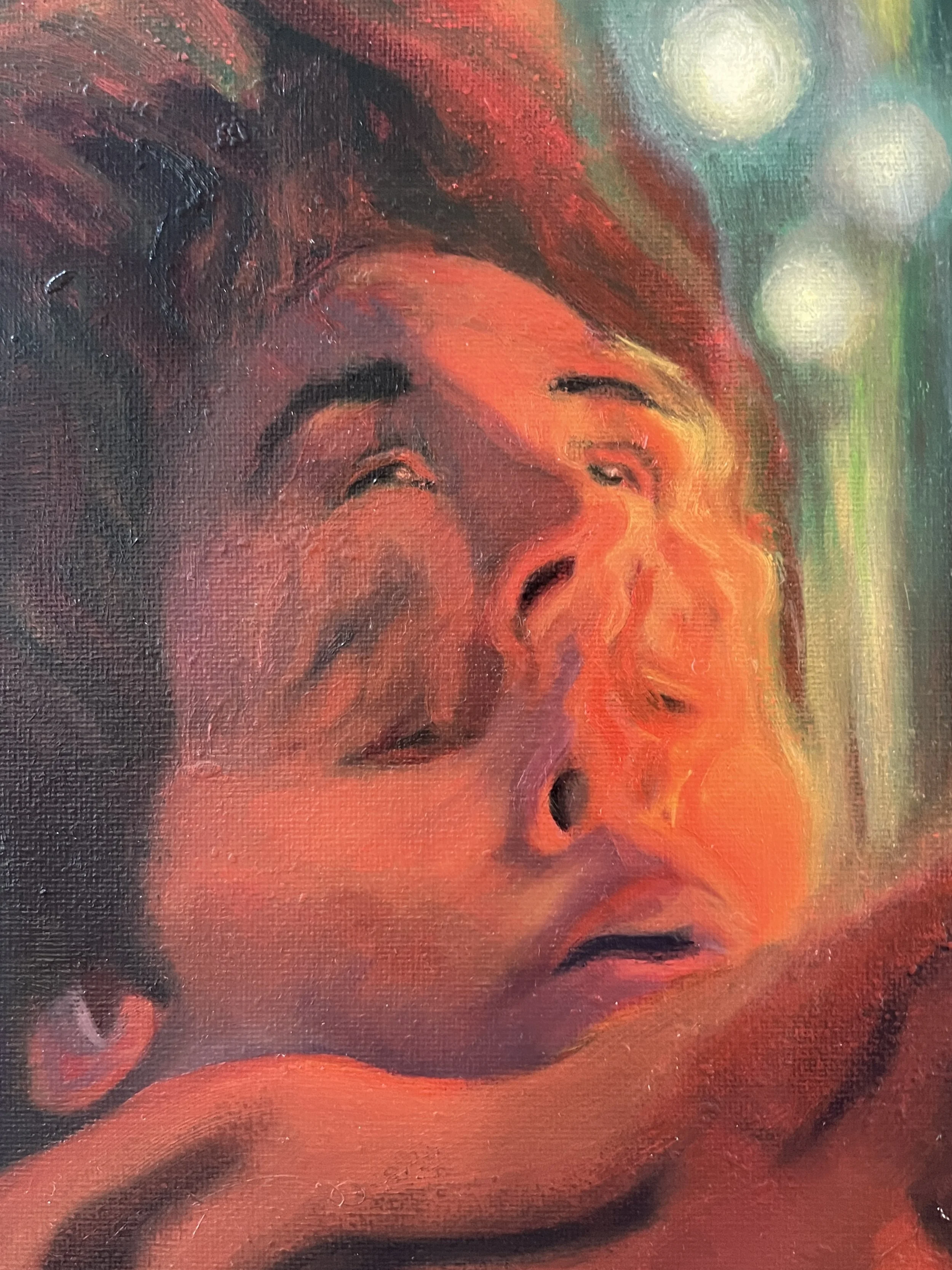 Close-up figurative painting of a woman’s face in warm red and gold tones with glowing light above