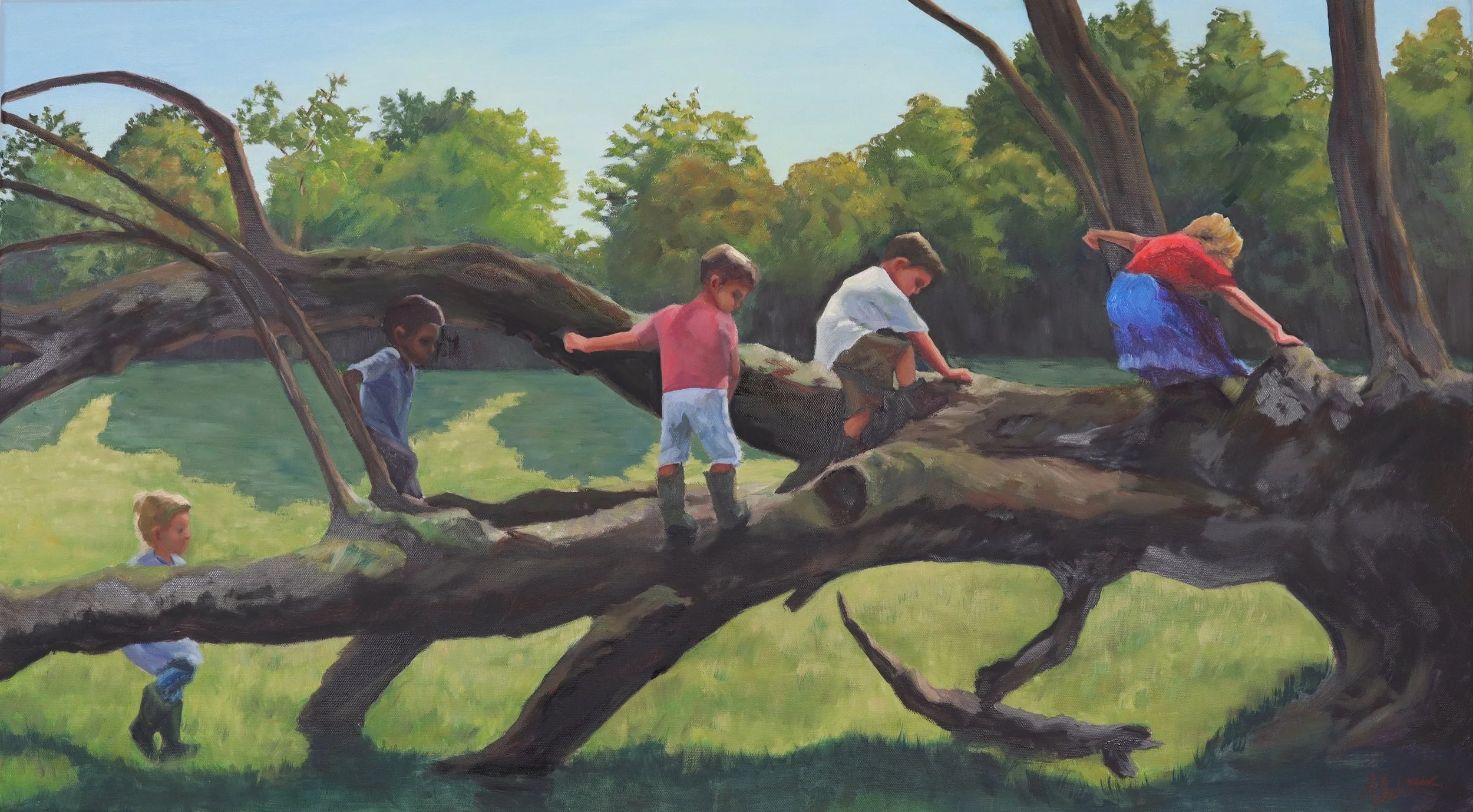 Children playing on a large fallen tree trunk in a park, climbing and exploring, with green trees in the background.