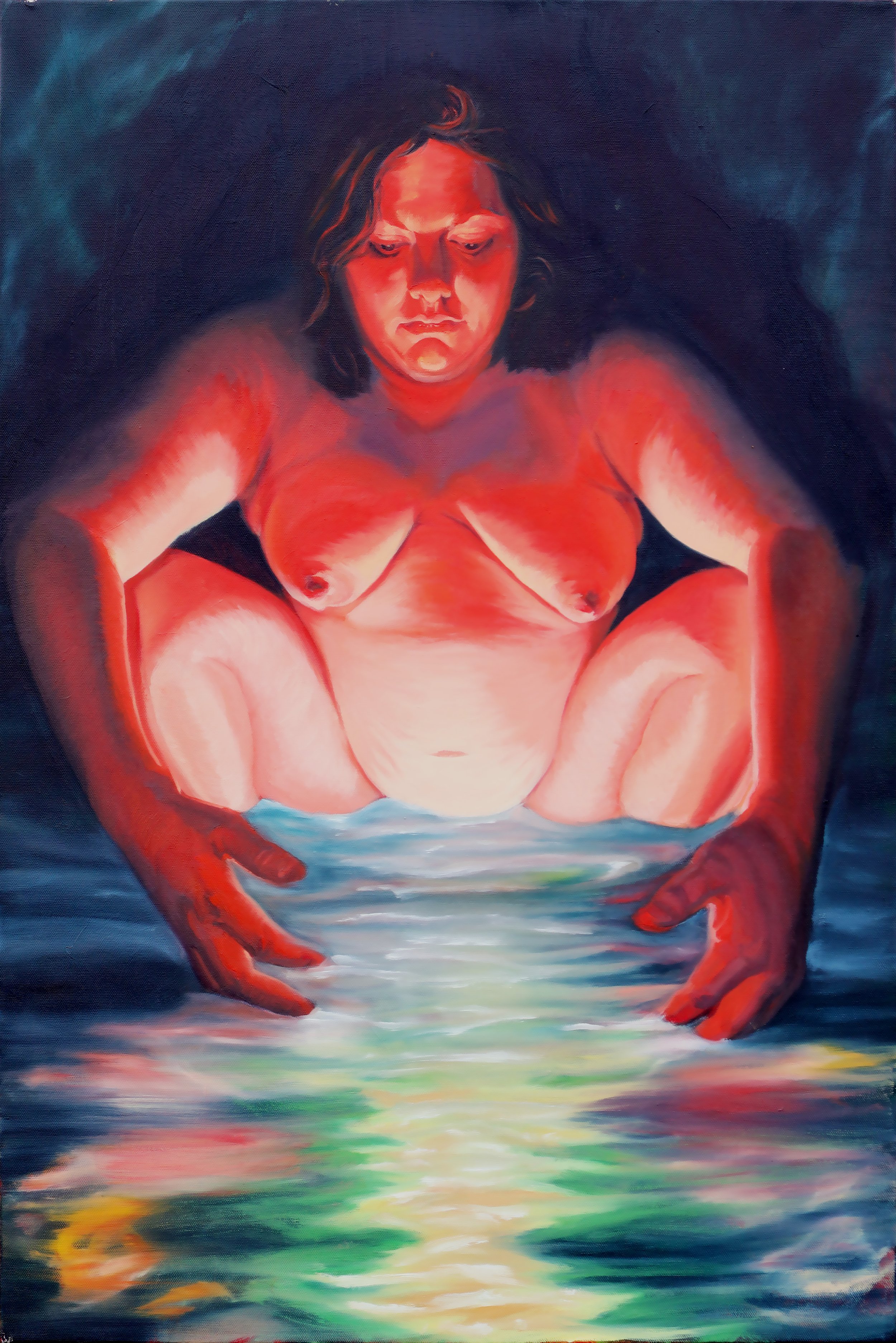 Original figurative painting of a nude woman crouching over reflective water, illuminated in glowing red and pink light against a dark background.