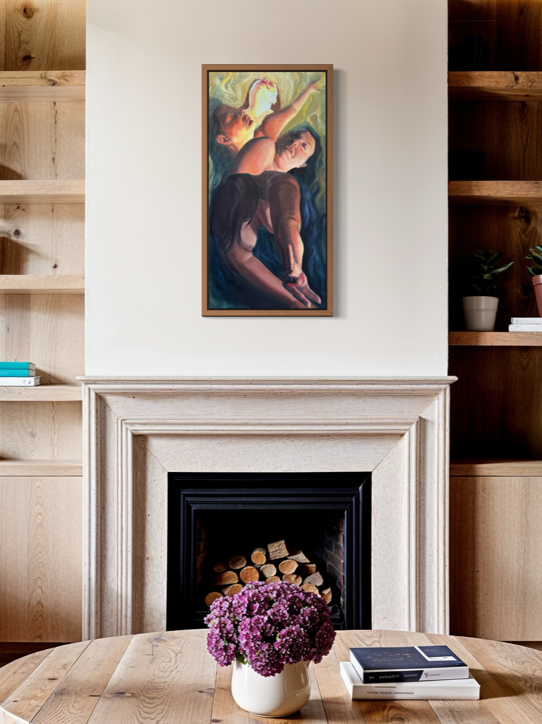 Original contemporary figurative painting of nude female figure shown framed above fireplace