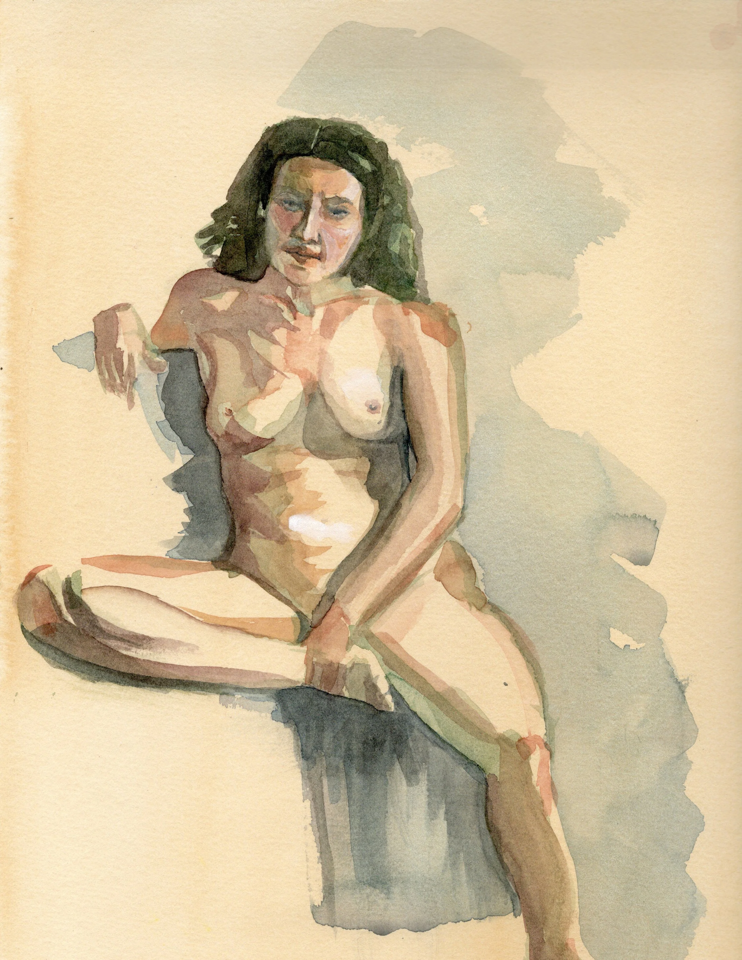 Watercolor painting of a nude woman with dark hair sitting on a surface, with a neutral background.