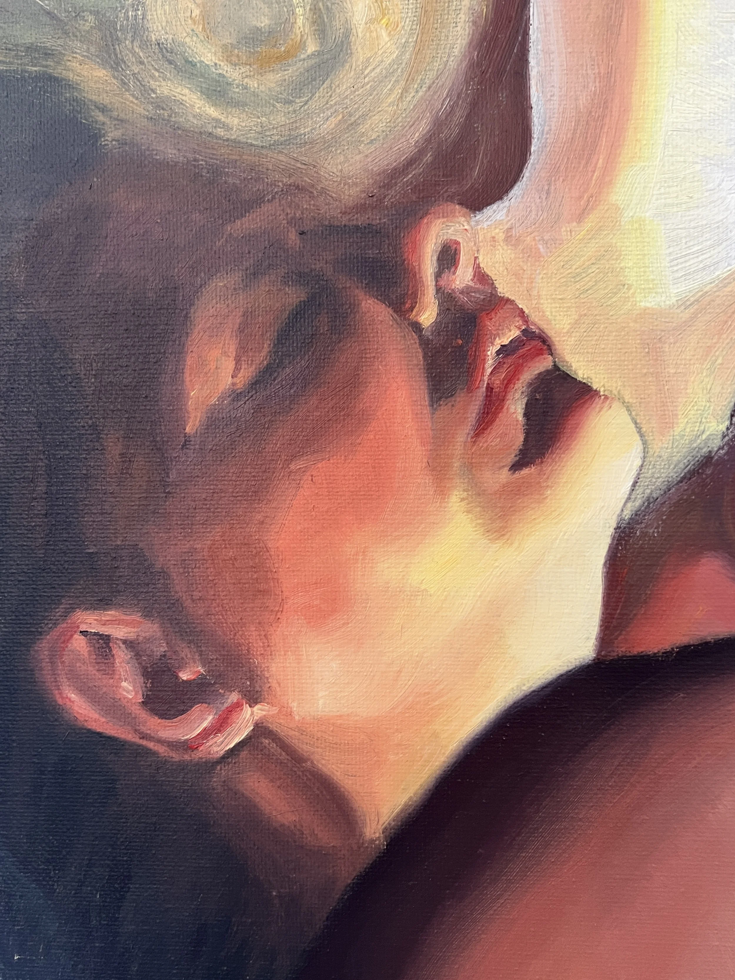 Detail of original contemporary figurative painting showing female face in warm light