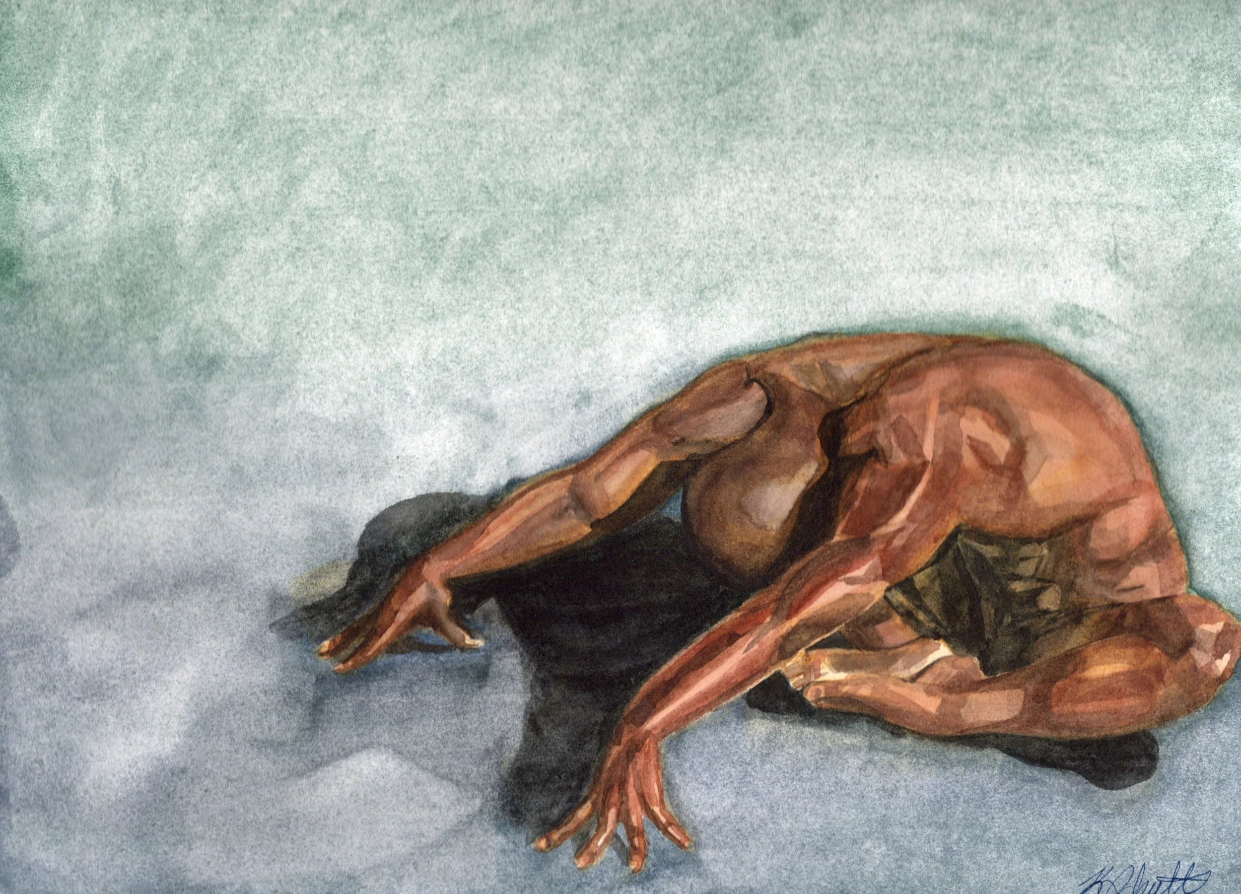 Watercolor painting of a nude woman with short dark hair, kneeling with her arms and forehead touching the ground against a soft green background.