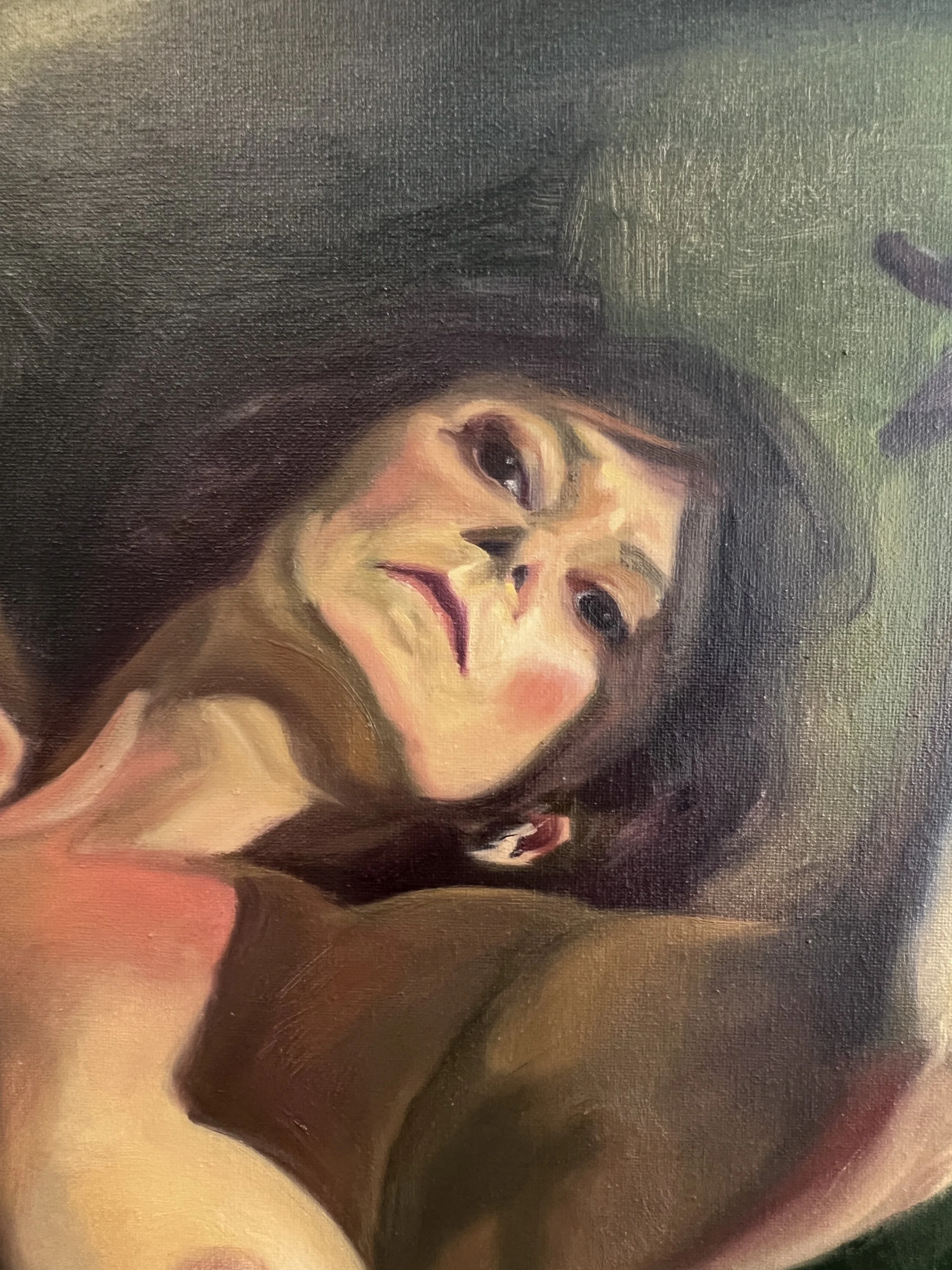 Close-up portrait painting of a dancing woman looking forward