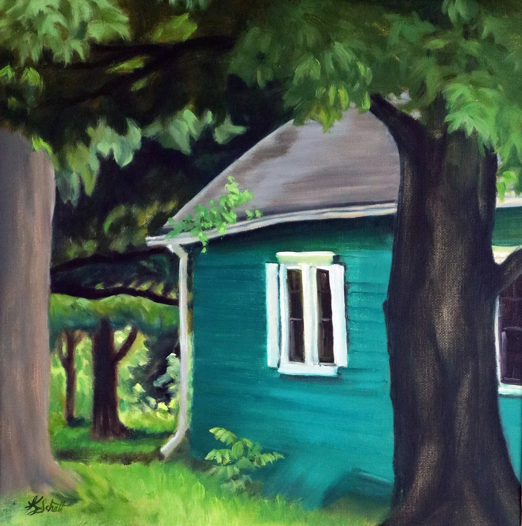 A colorful painting of trees, a road, and a body of water, with bright greens, dark blues, and black trunks, signature in bottom left corner.
