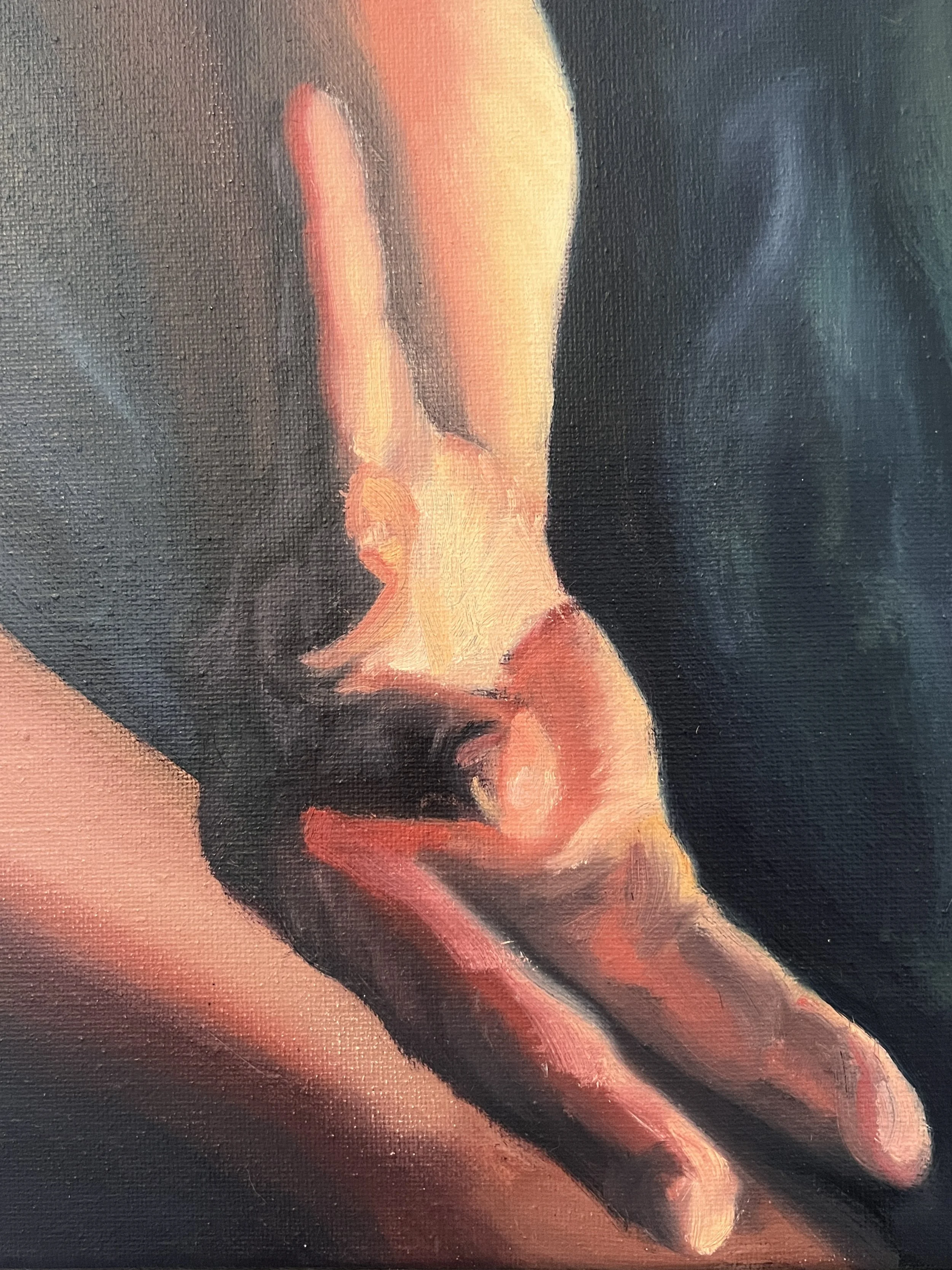 Detail of original contemporary figurative painting showing nude female arm and torso