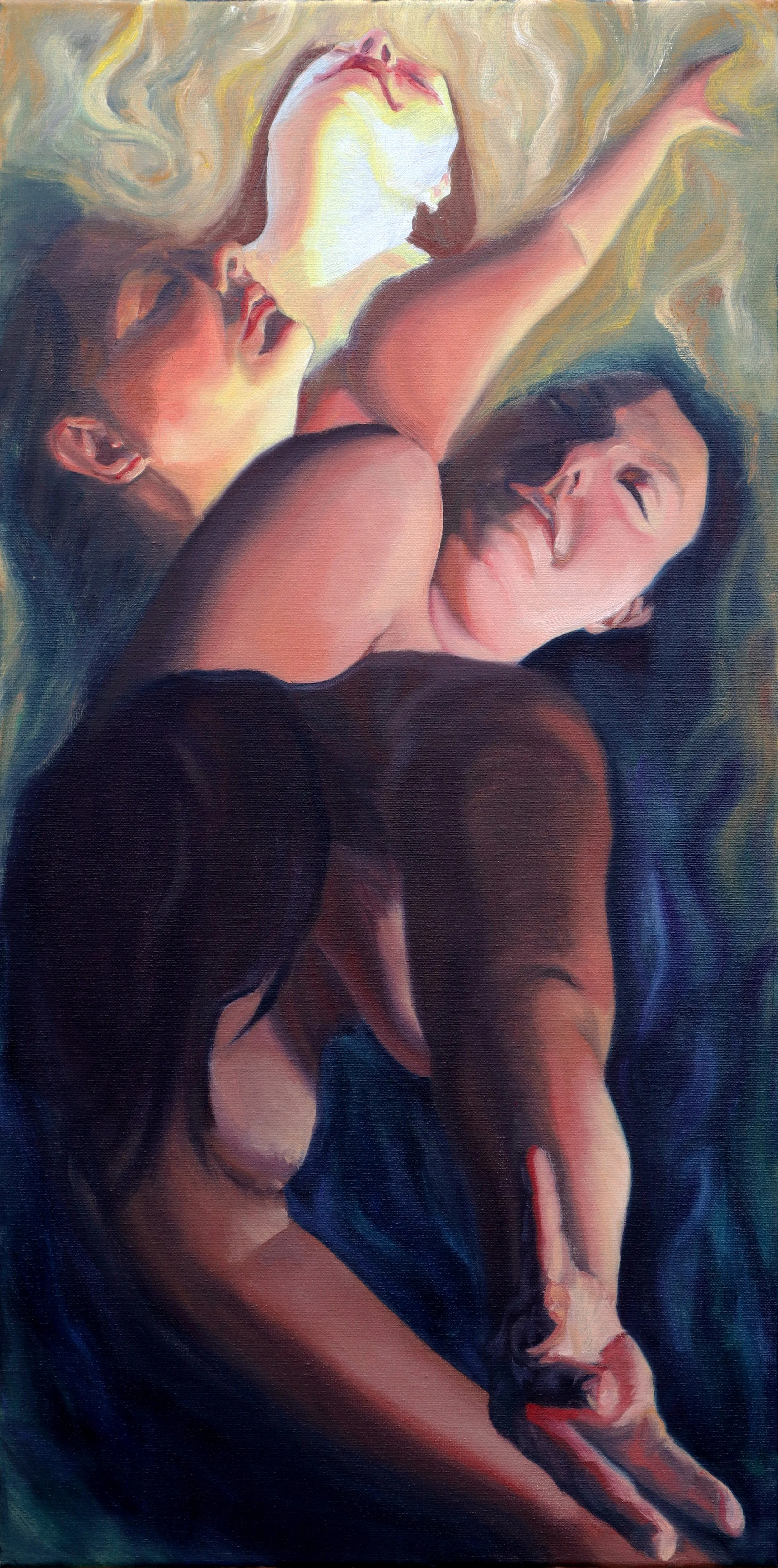 Original contemporary figurative painting of nude female figure curled inward in blue and peach tones