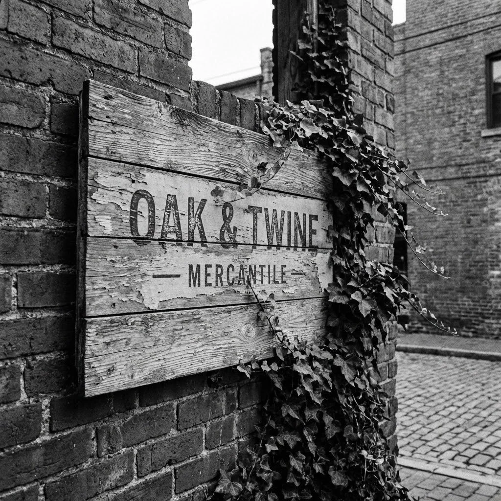 A weathered wooden sign reading 'OAK & TWINE MERCANTILE' is mounted on an old brick wall, with ivy climbing alongside it.