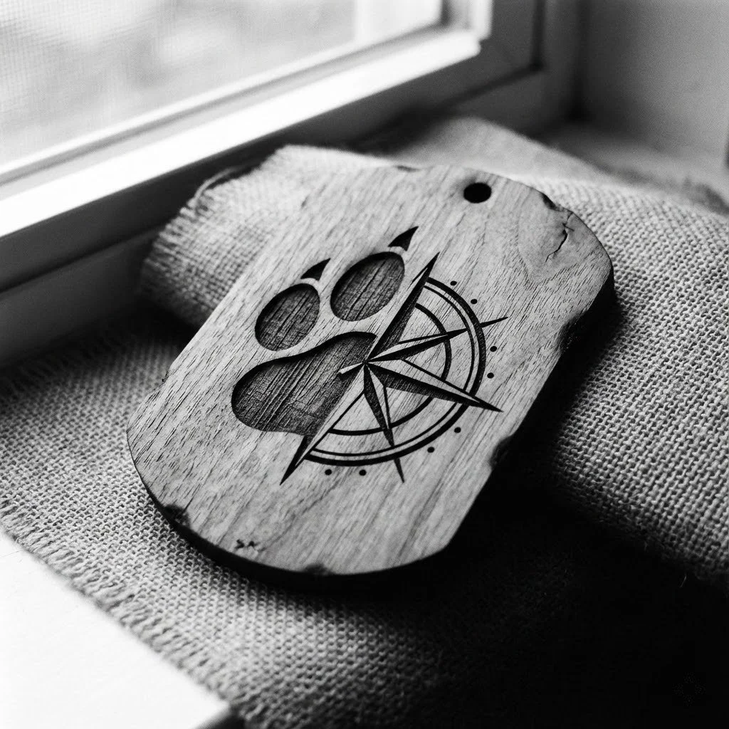 A wooden cutting board with a compass rose design and laser-engraved circular cutouts, resting on a textured fabric near a window.