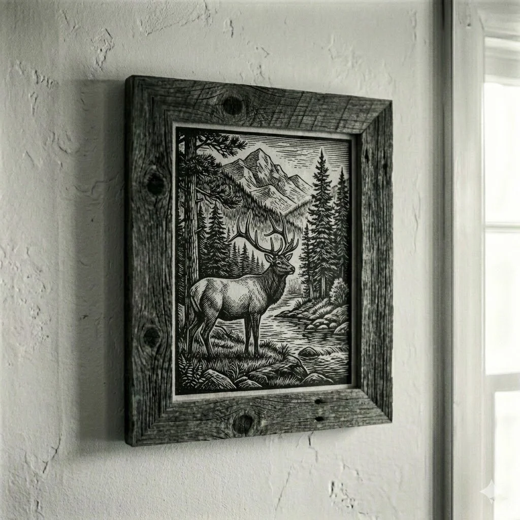 Black and white framed artwork of a deer in a forest with mountains in the background, hanging on a textured white wall near a window.