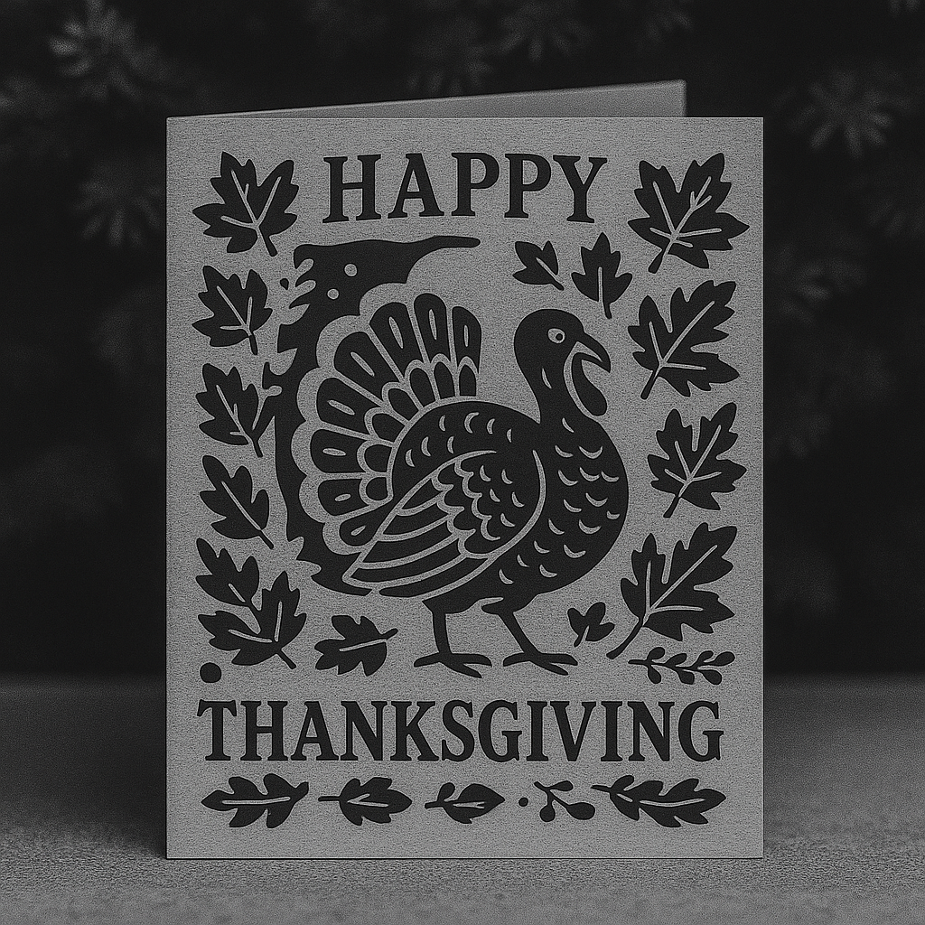 A Thanksgiving greeting card featuring a turkey surrounded by autumn leaves, with the words "Happy Thanksgiving" at the top and bottom.