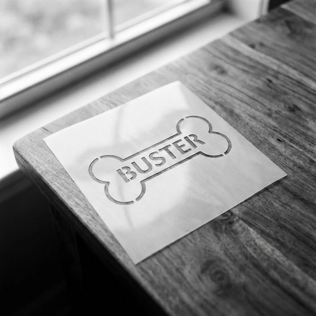 A piece of paper with a bone-shaped cutout and the word "BUSTER" inside, placed on a wooden table near a window.