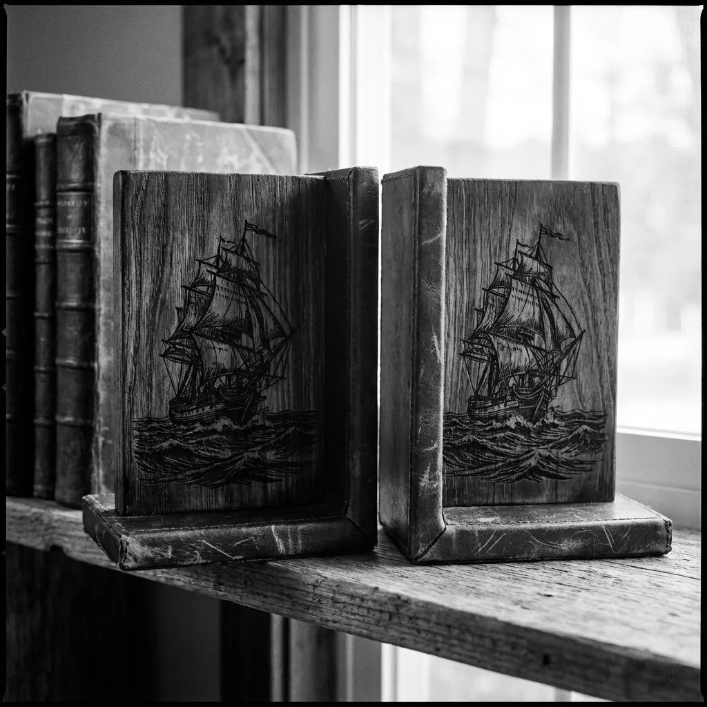Two wooden bookends with carved sailing ship illustrations, placed on a wooden shelf near a window with blinds.