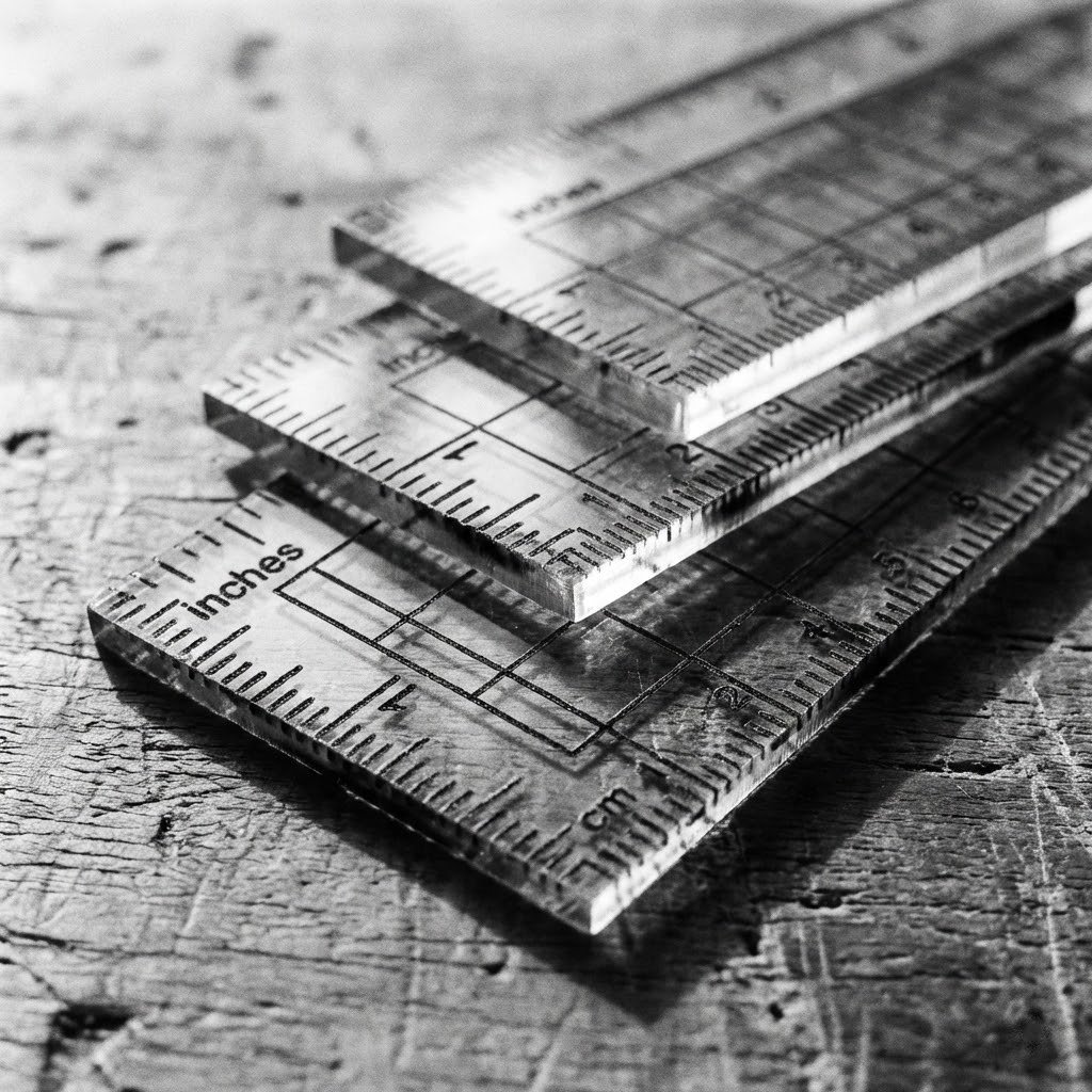 Three stacked transparent rulers with measurement markings, lying on a rough wooden surface.