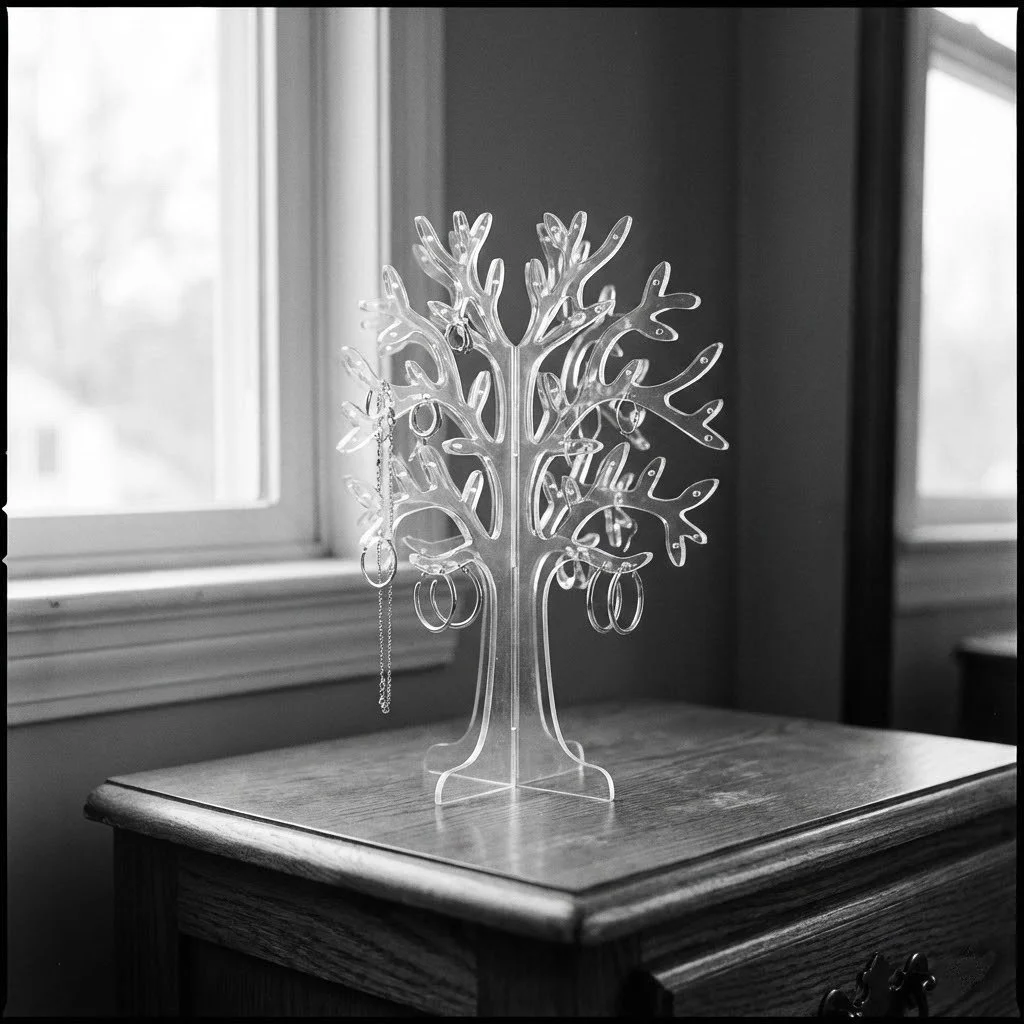 A transparent jewelry stand shaped like a tree on a wooden table near a window.