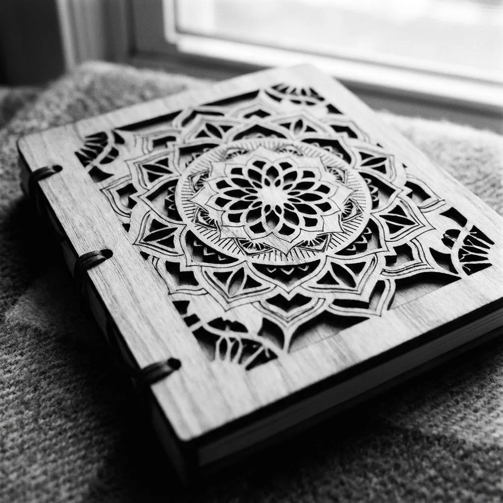 A black and white photo of a decorative journal with a carved mandala design on the front cover, resting on a soft surface near a window.