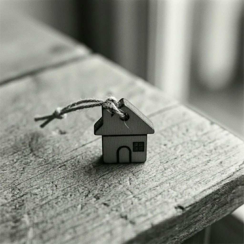 A small wooden house keychain with a string attached, sitting on a wooden surface.