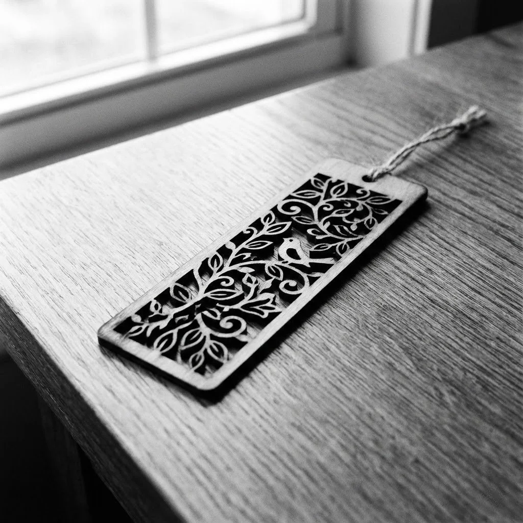 A decorative wooden bookmark with a floral cut-out pattern, resting on a wooden surface near a window.