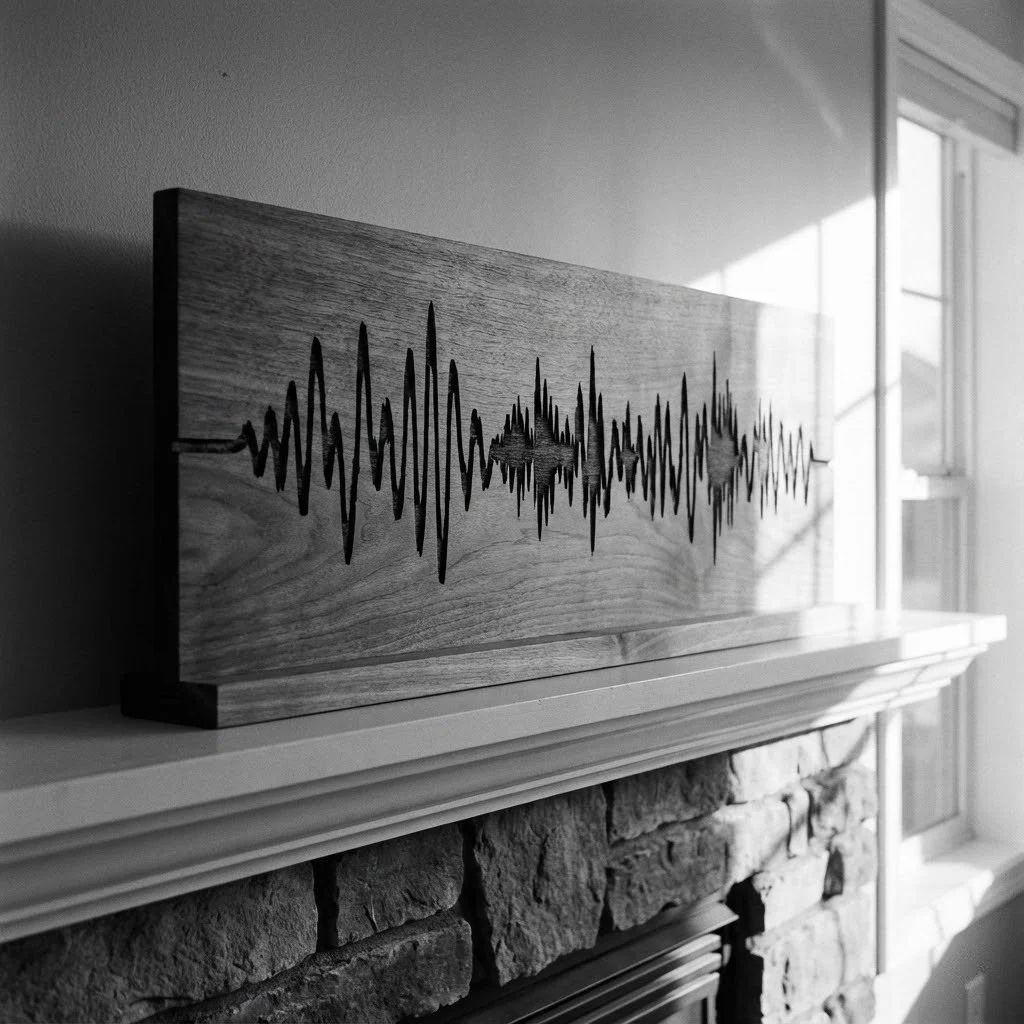 A wooden art piece with a sound wave design on a shelf above a stone fireplace, illuminated by natural light from a window.