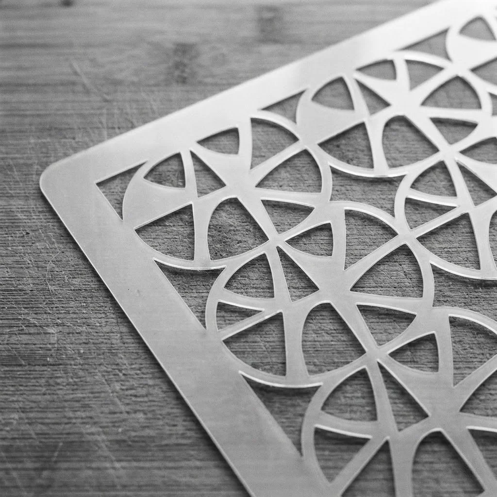 A decorative metal sheet with geometric cutouts placed on a wooden surface.