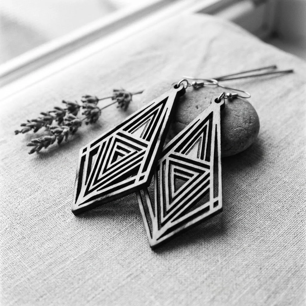 Black and white photo of geometric patterned earrings resting on a stone and fabric, with lavender sprigs.