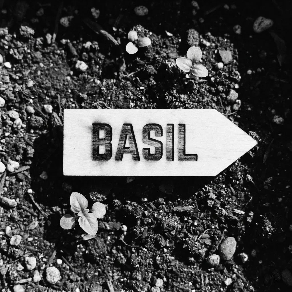 A small sign with the word 'BASIL' on it, placed on dark soil with young basil sprouting nearby.