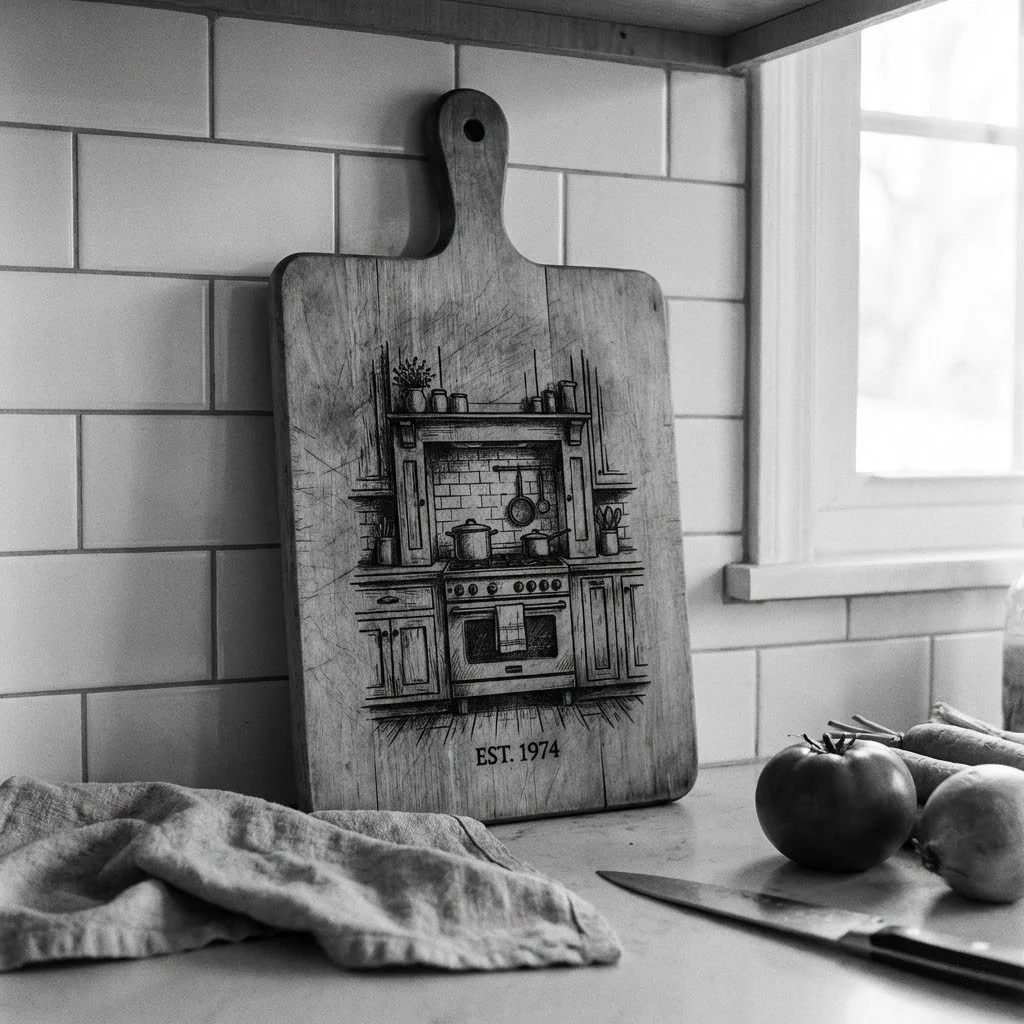 A kitchen scene in black and white with a wooden cutting board featuring an illustration of a vintage stove and the text "EST. 1974," placed against a tiled wall near a window, with a tomato, an onion, and a knife on the countertop.