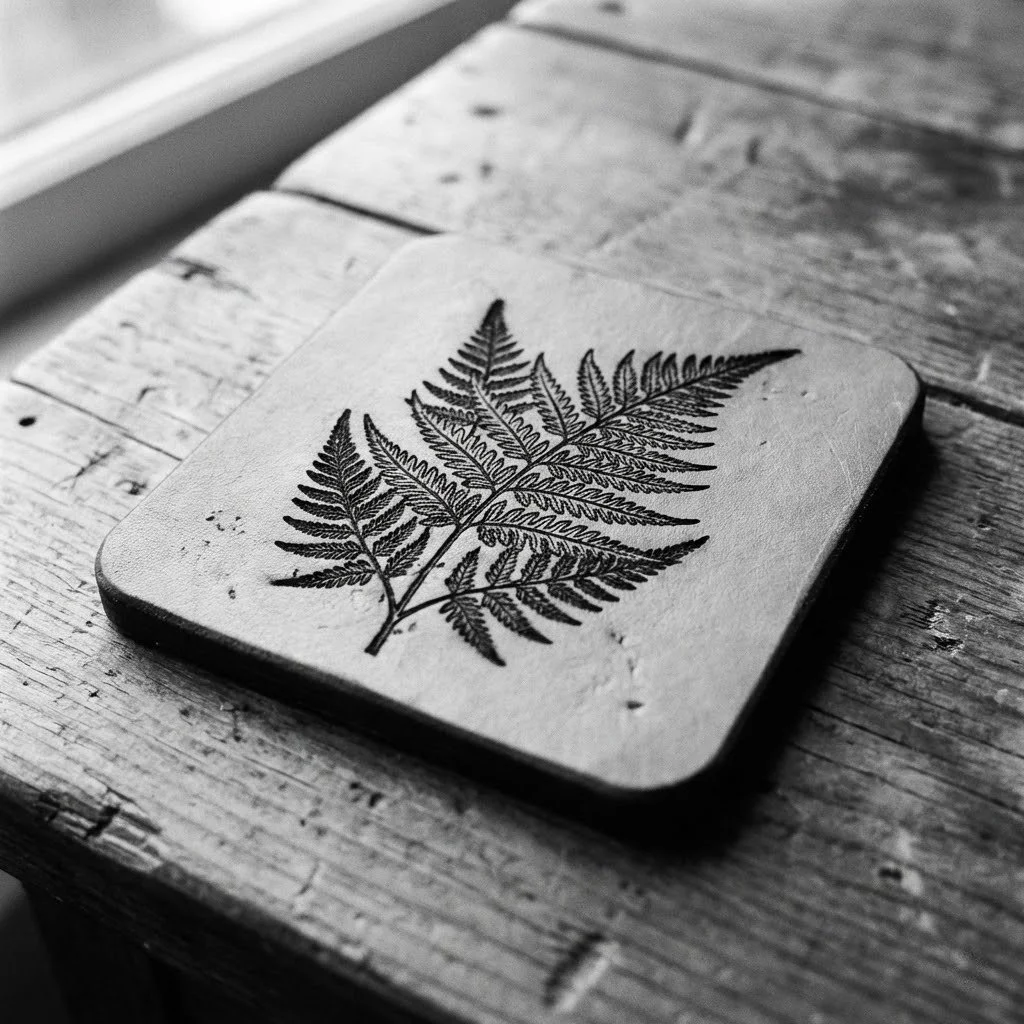 A square coaster with a detailed fern leaf design, placed on a wooden surface.