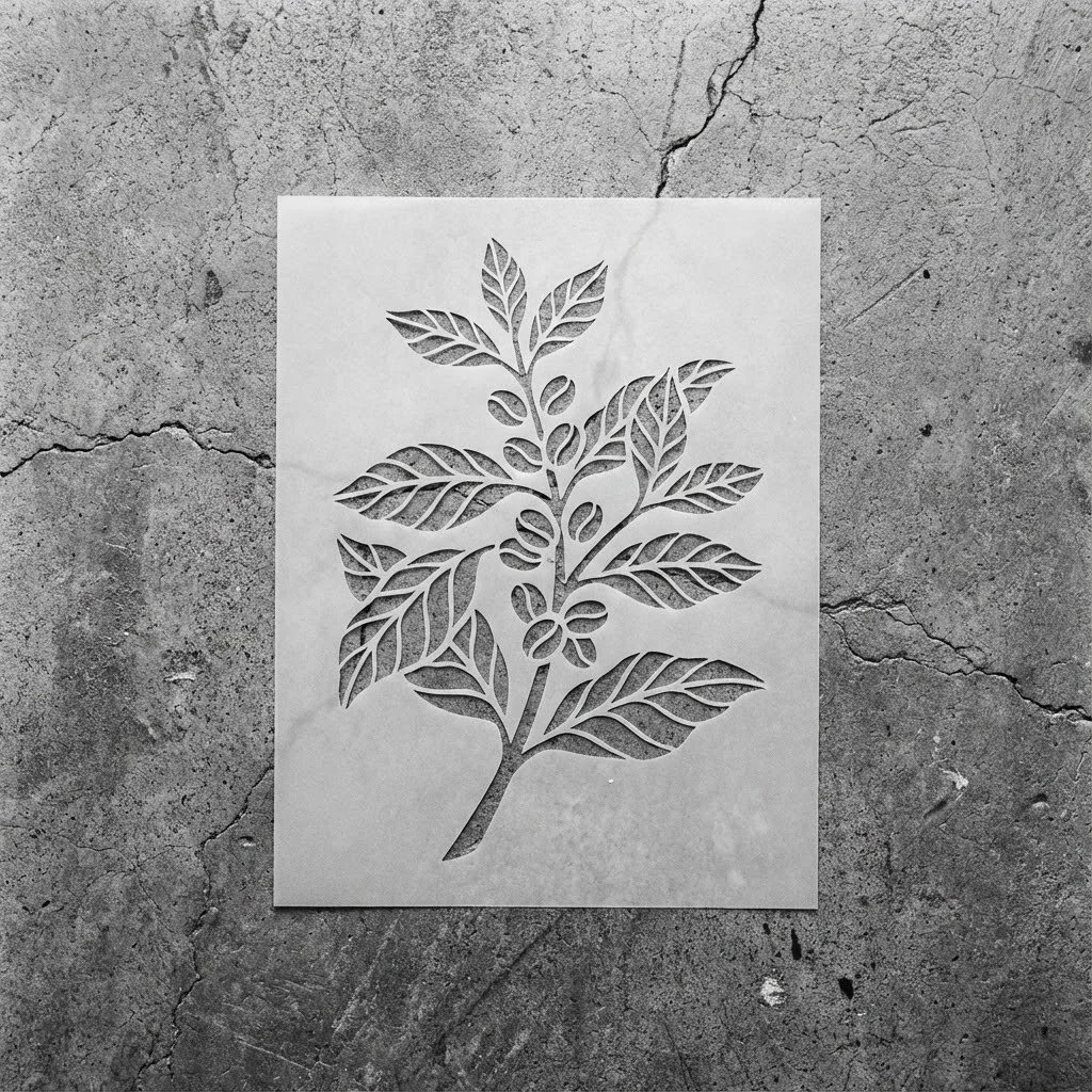 A stencil cutout of a leafy plant on a piece of paper, placed on a cracked concrete surface.
