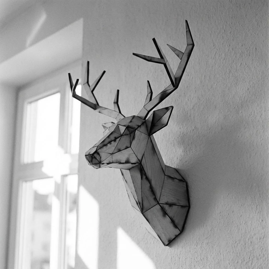 Black and white photo of a geometric deer head wall decoration with antlers mounted on a textured wall near a window.