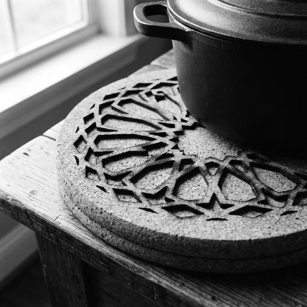 A cast iron Dutch oven on a decorative round stone trivet with a geometric cutout design, placed on a rustic wooden table near a window.