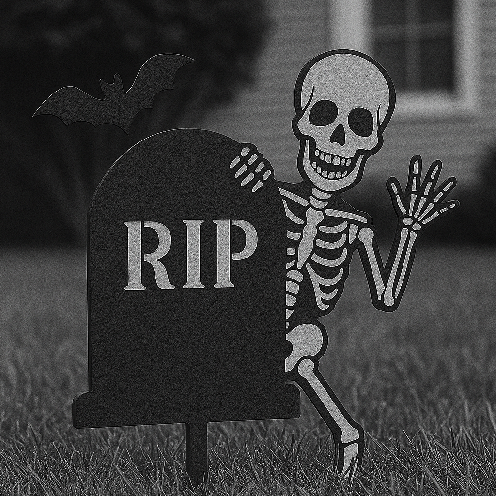 A Halloween decoration featuring a skeleton with a smile, waving, next to a tombstone that says RIP, with a bat flying in the background.