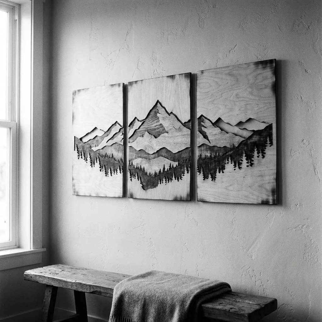 Three-panel wooden artwork of mountain landscape above a rustic wooden bench with a blanket, in a room with a window and textured walls.