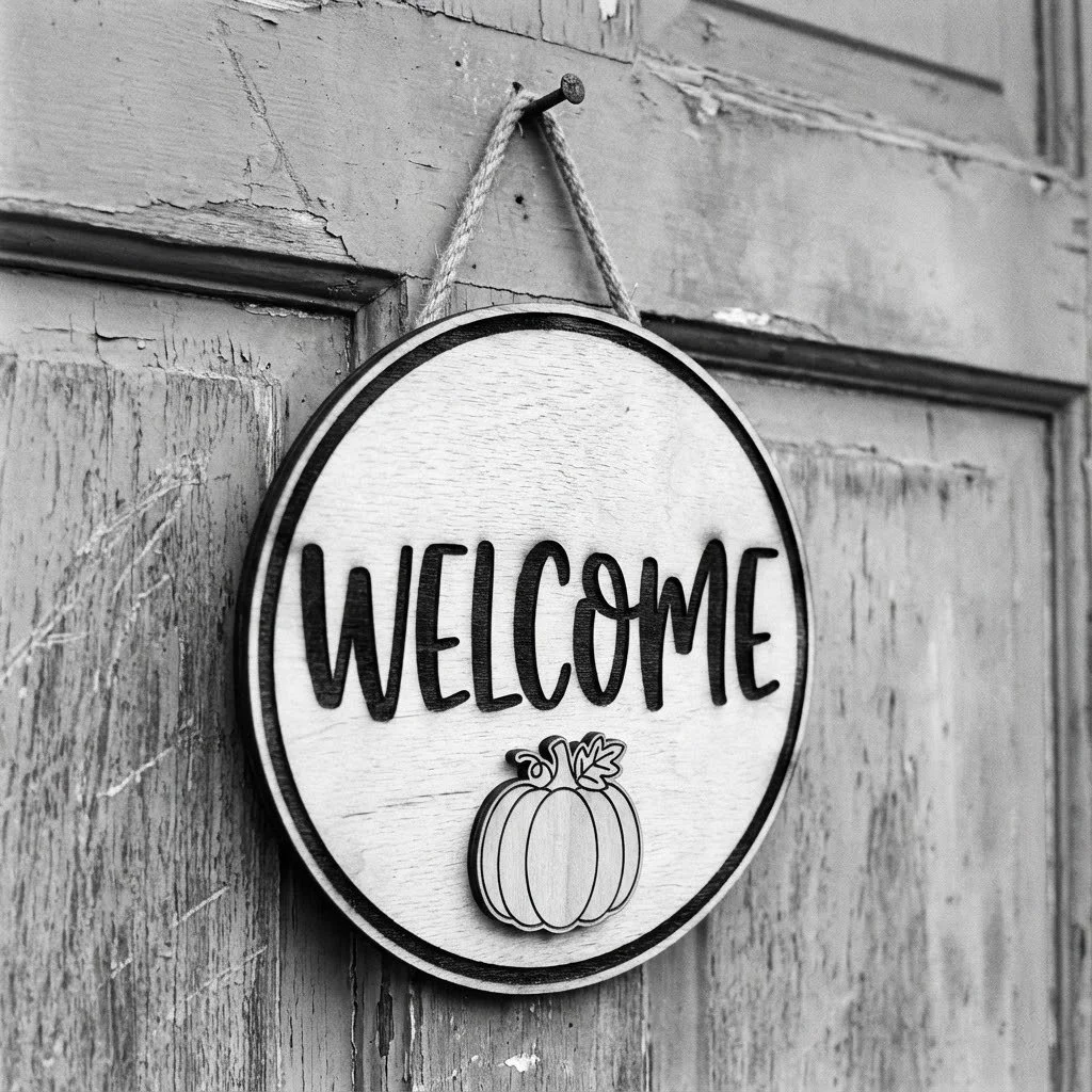 A wooden welcome sign with the word "WELCOME" and a pumpkin graphic hanging on a weathered door.