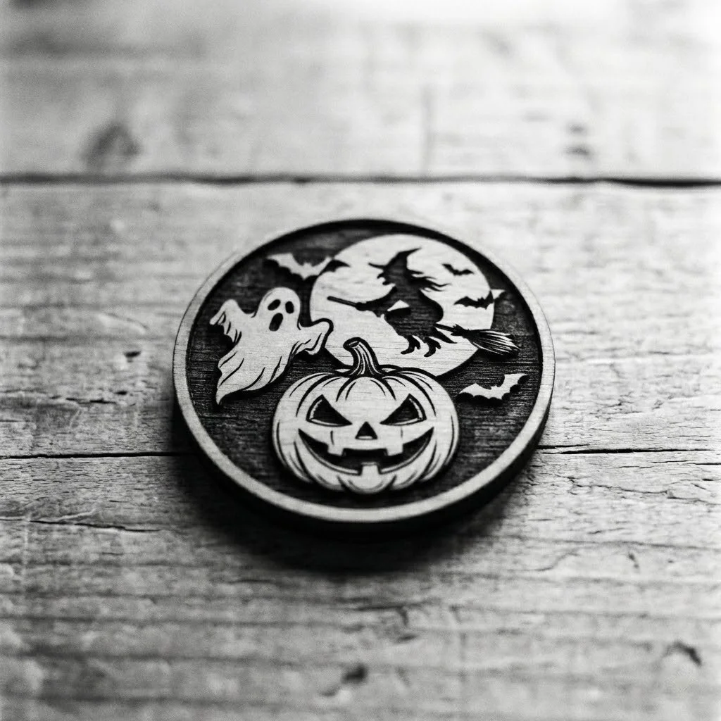 A Halloween-themed coin with a carved pumpkin, a ghost, a witch on a broomstick, and bats on a wooden surface.
