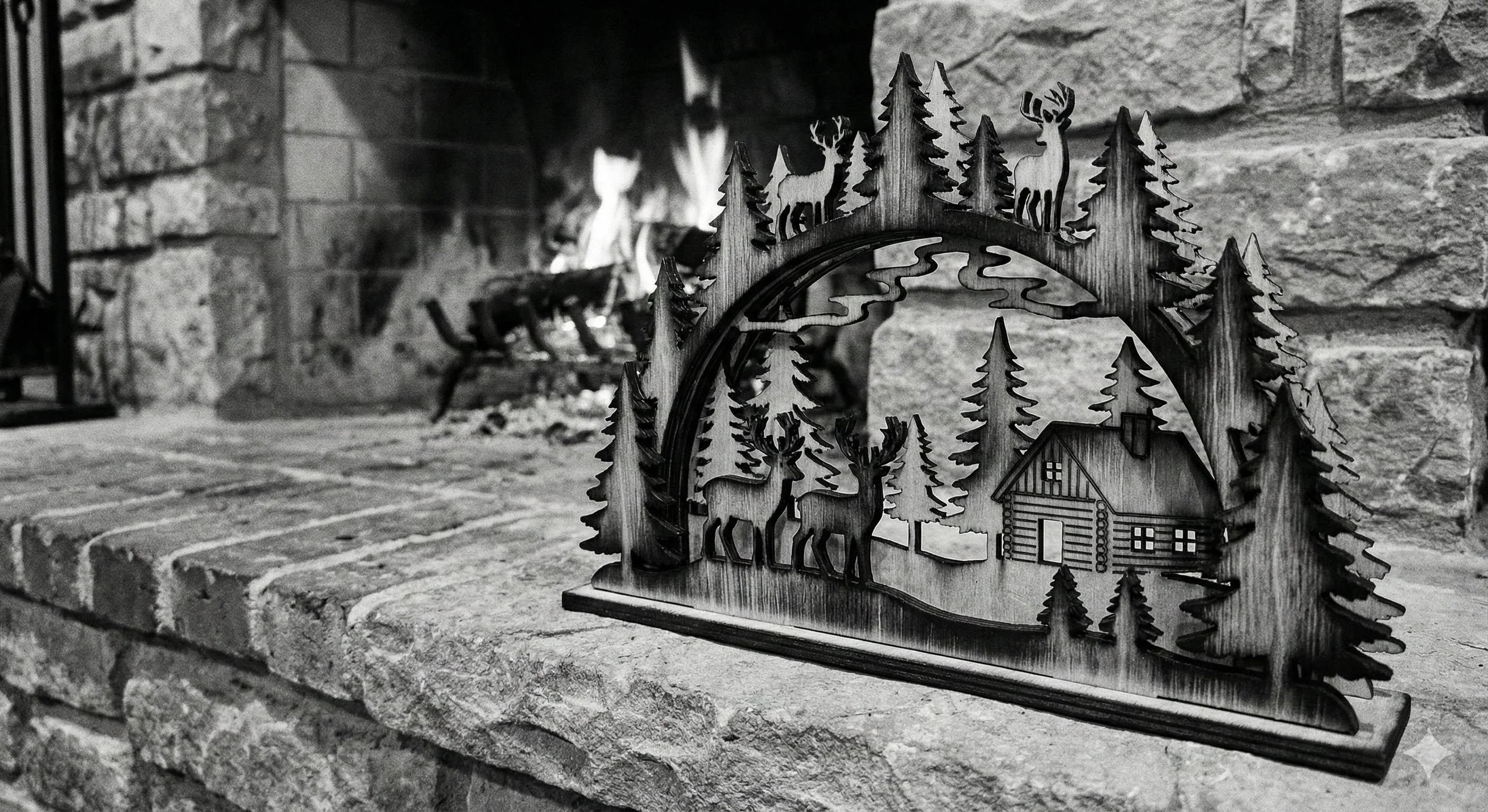 A decorative metal cutout depicting a forest scene with two deer and a cabin, placed on a brick fireplace hearth in front of a fire.