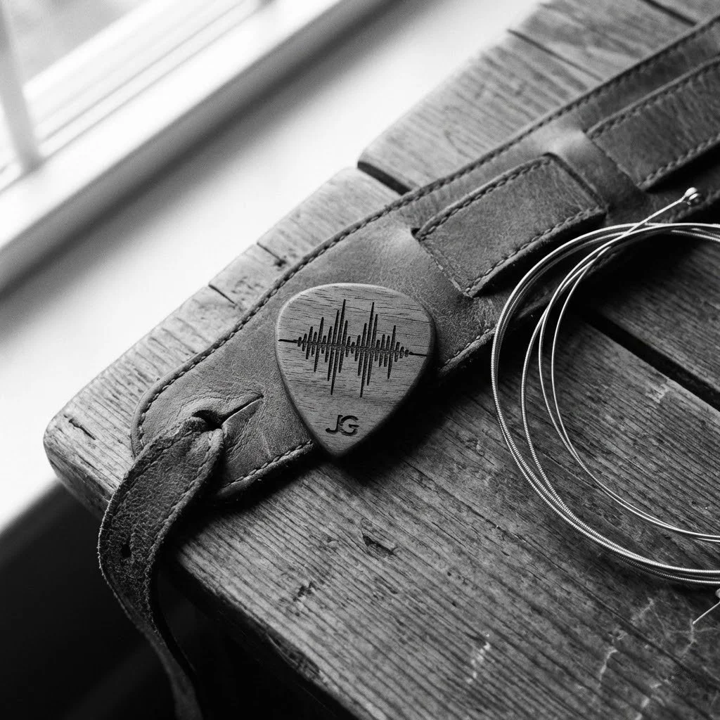 A leather strap with a guitar pick that has a sound wave design and the initials 'JG' on it, next to circular metallic jewelry, sitting on a wooden surface near a window.